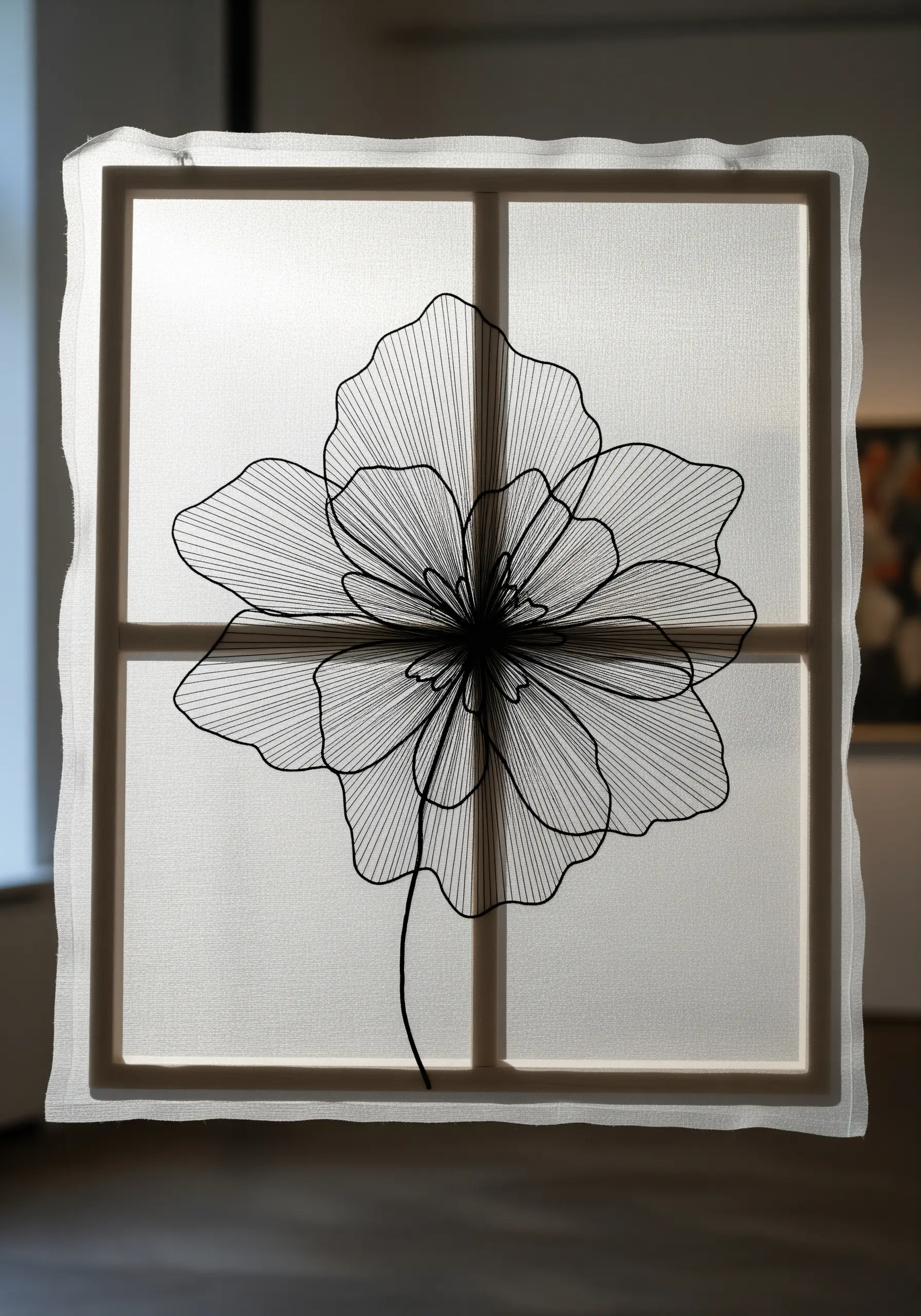 Black floral outline embroidery on transparent mesh screen