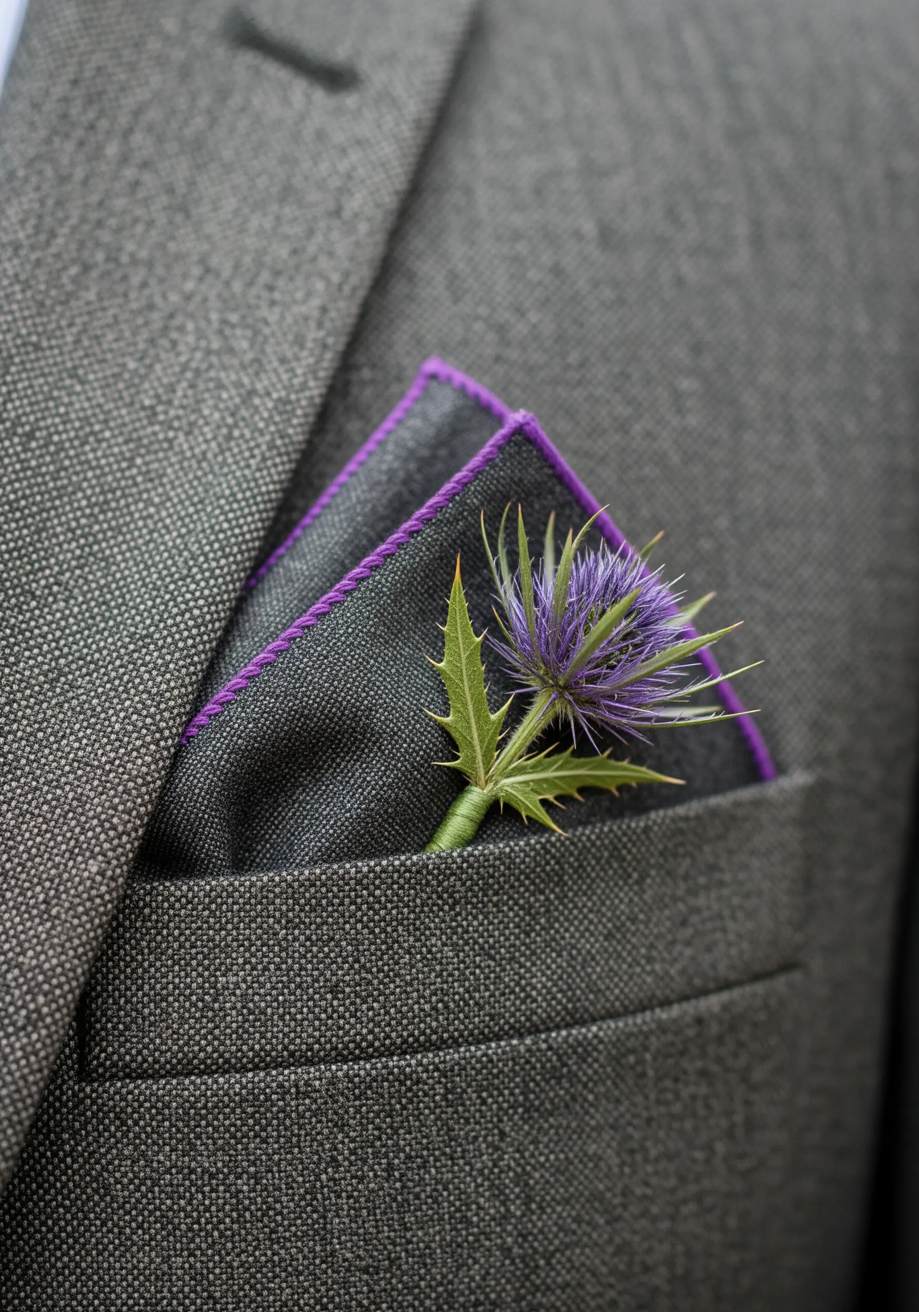 A close-up of a suit pocket with a pocket square featuring a purple embroidered edge and a thistle boutonnière.