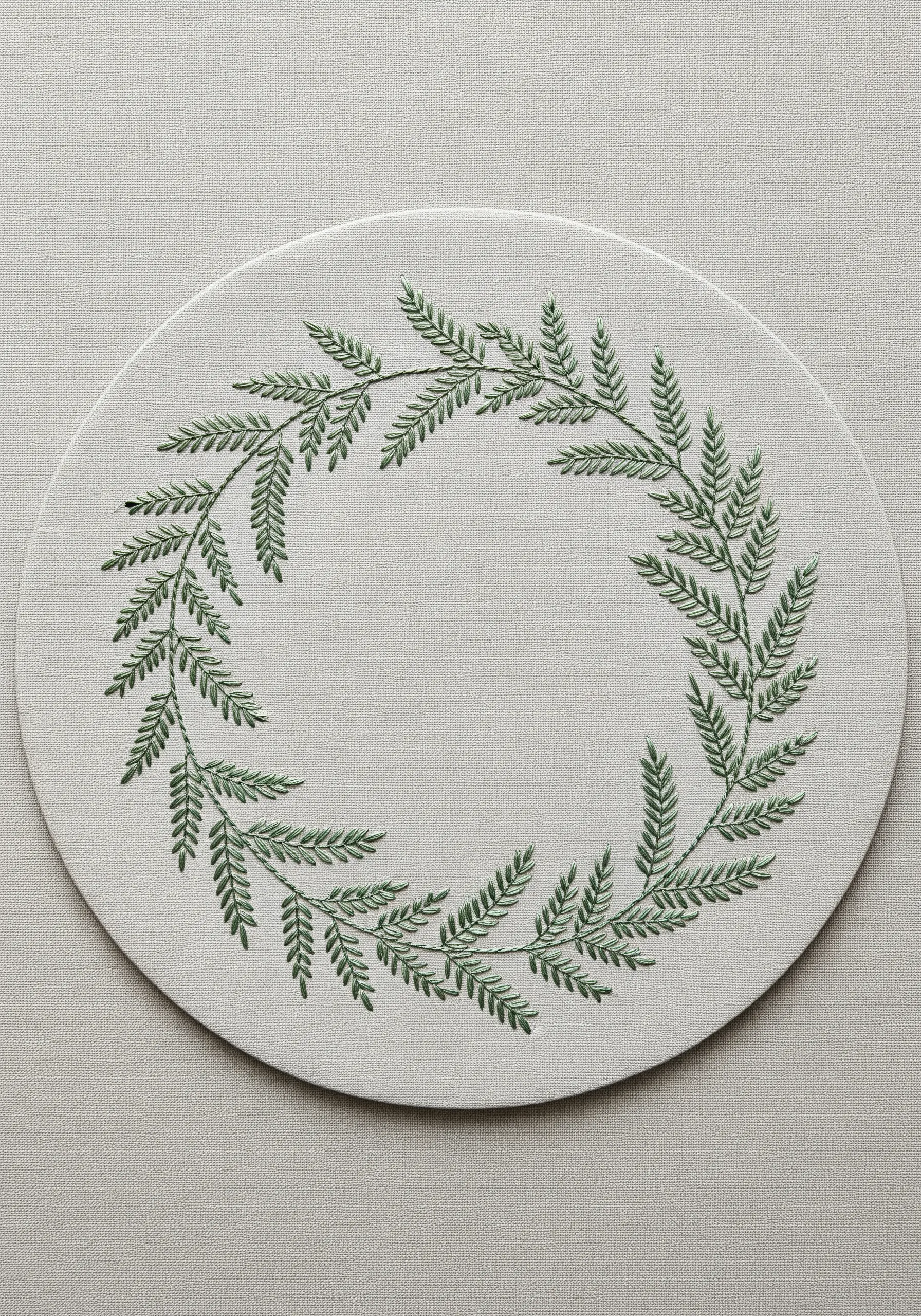 A delicate wreath of embroidered fern leaves in green on a neutral placemat.