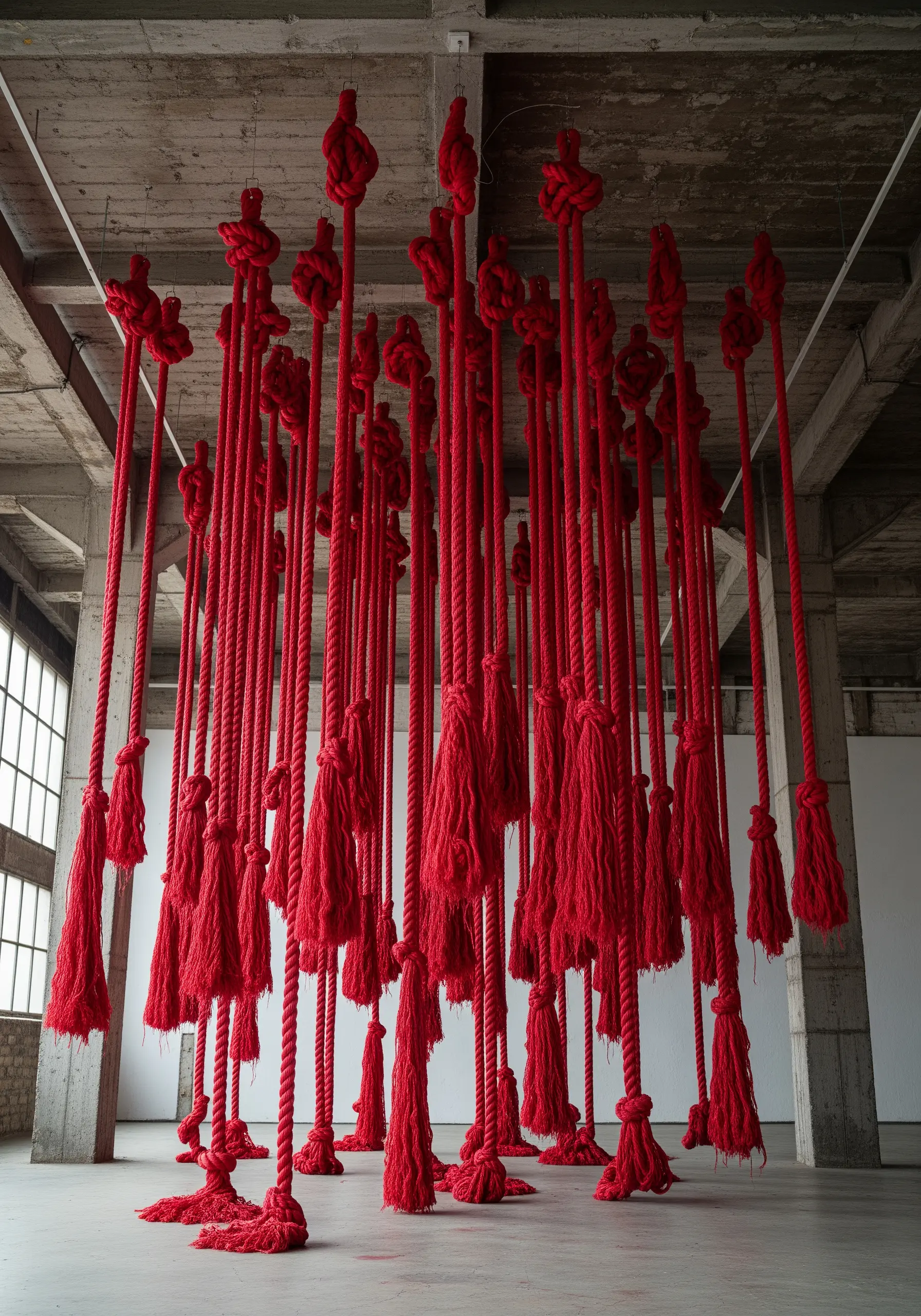 An installation of dozens of thick, bright red ropes with large knots hanging from a ceiling.