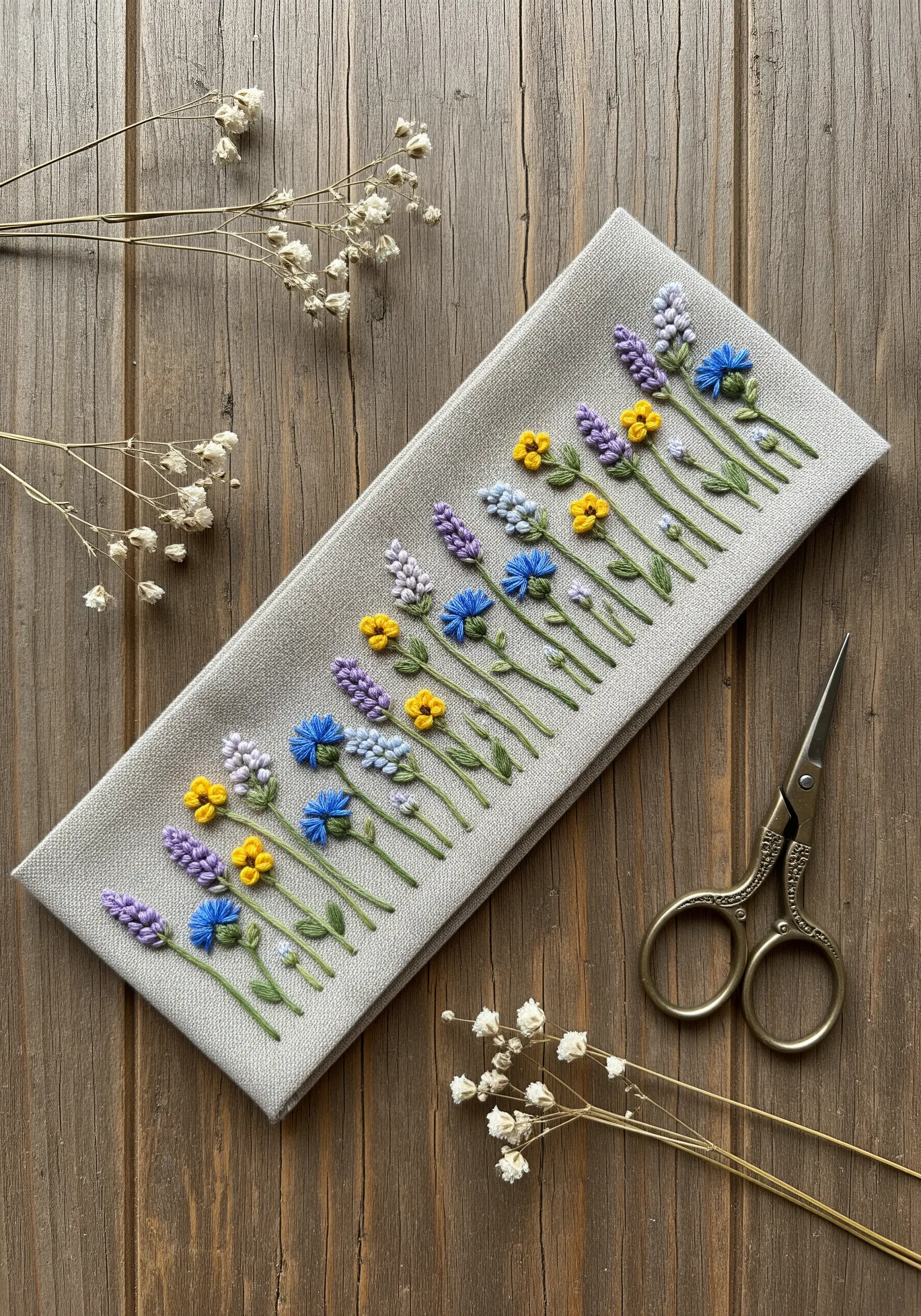 Linear wildflower embroidery on grey linen headband