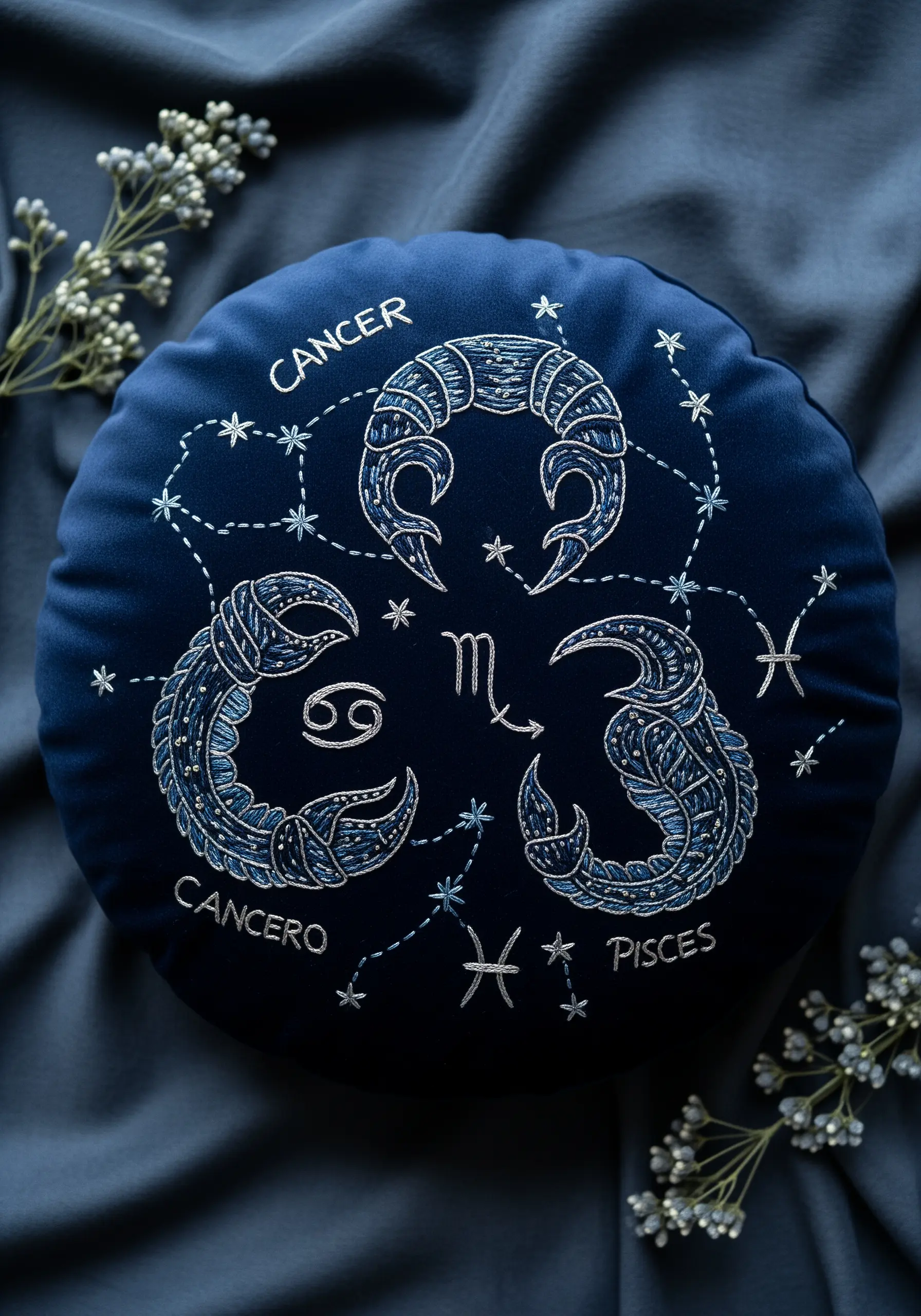 A round navy satin cushion embroidered with the water signs in silver and blue thread.