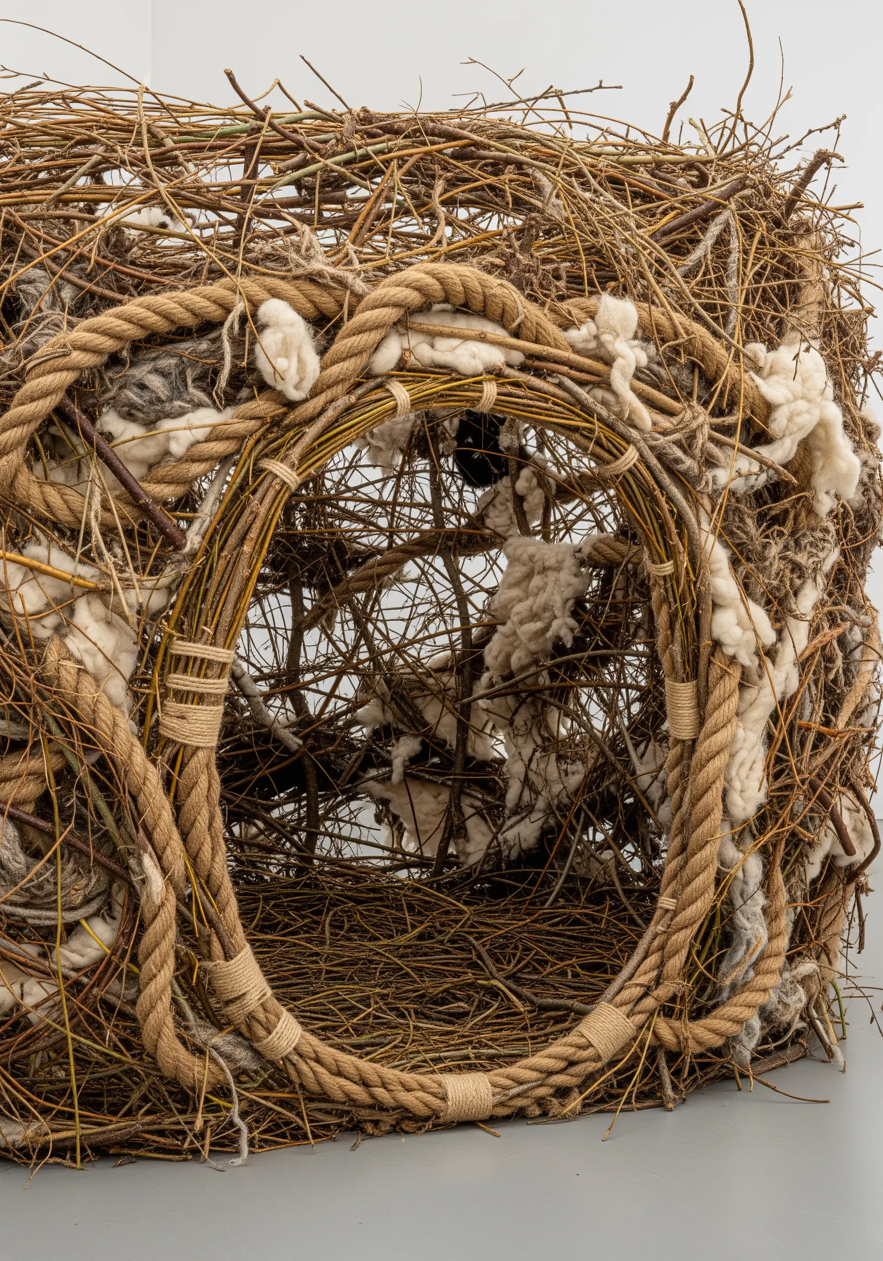 A sculptural bird's nest woven from twigs, rope, and unspun wool.