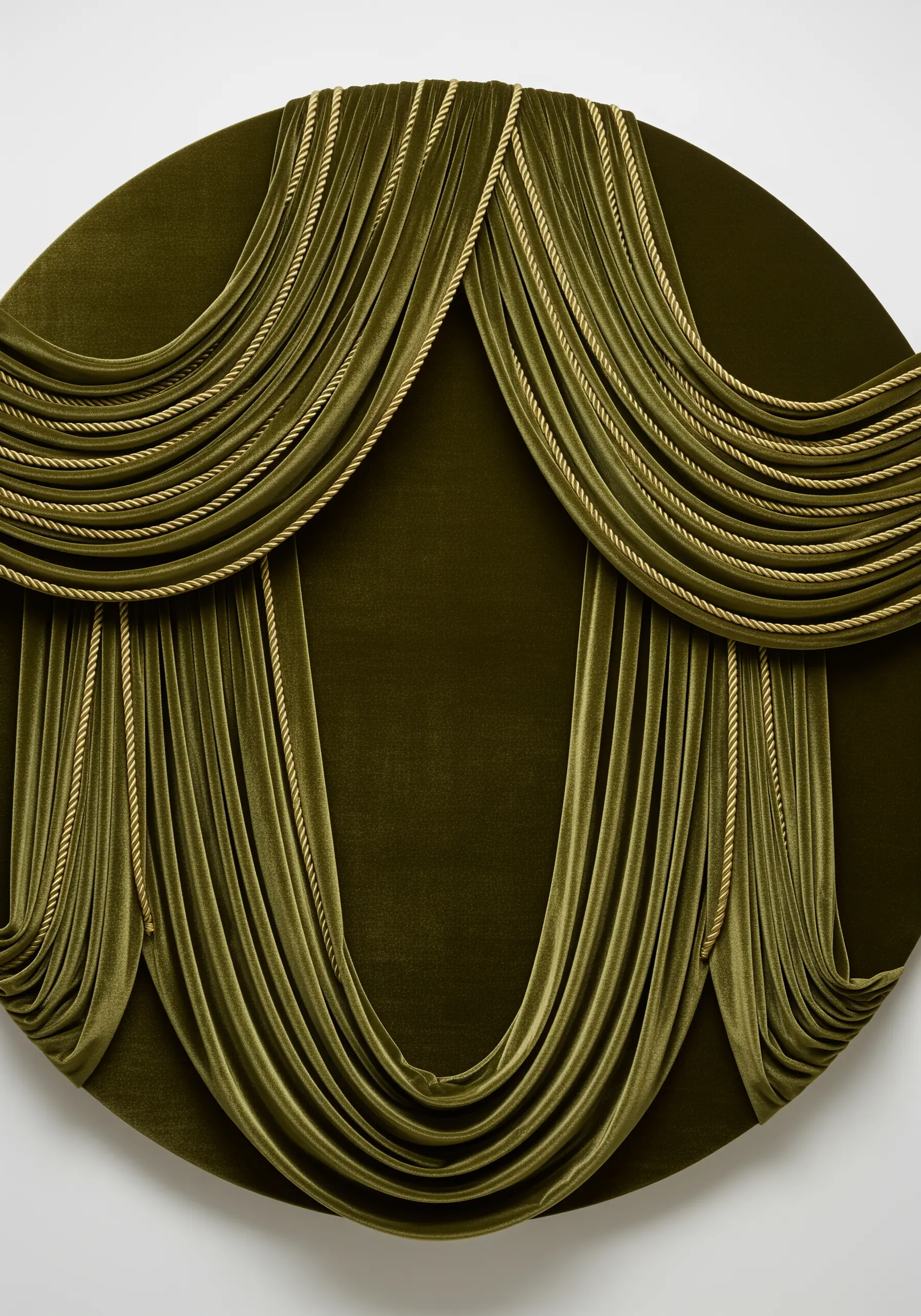 A sculptural piece of draped olive-green velvet with gold cord accents in a circular frame.