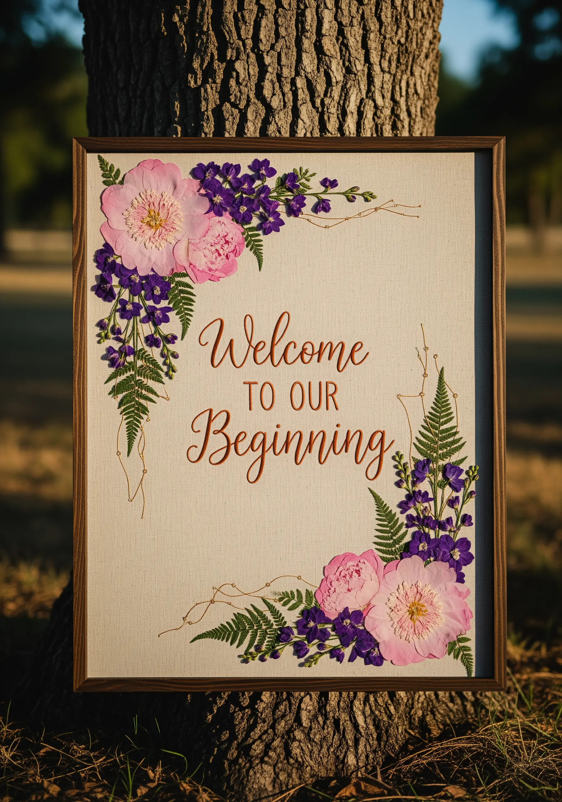 Framed wedding welcome sign with pressed peonies, ferns, and embroidered vines.