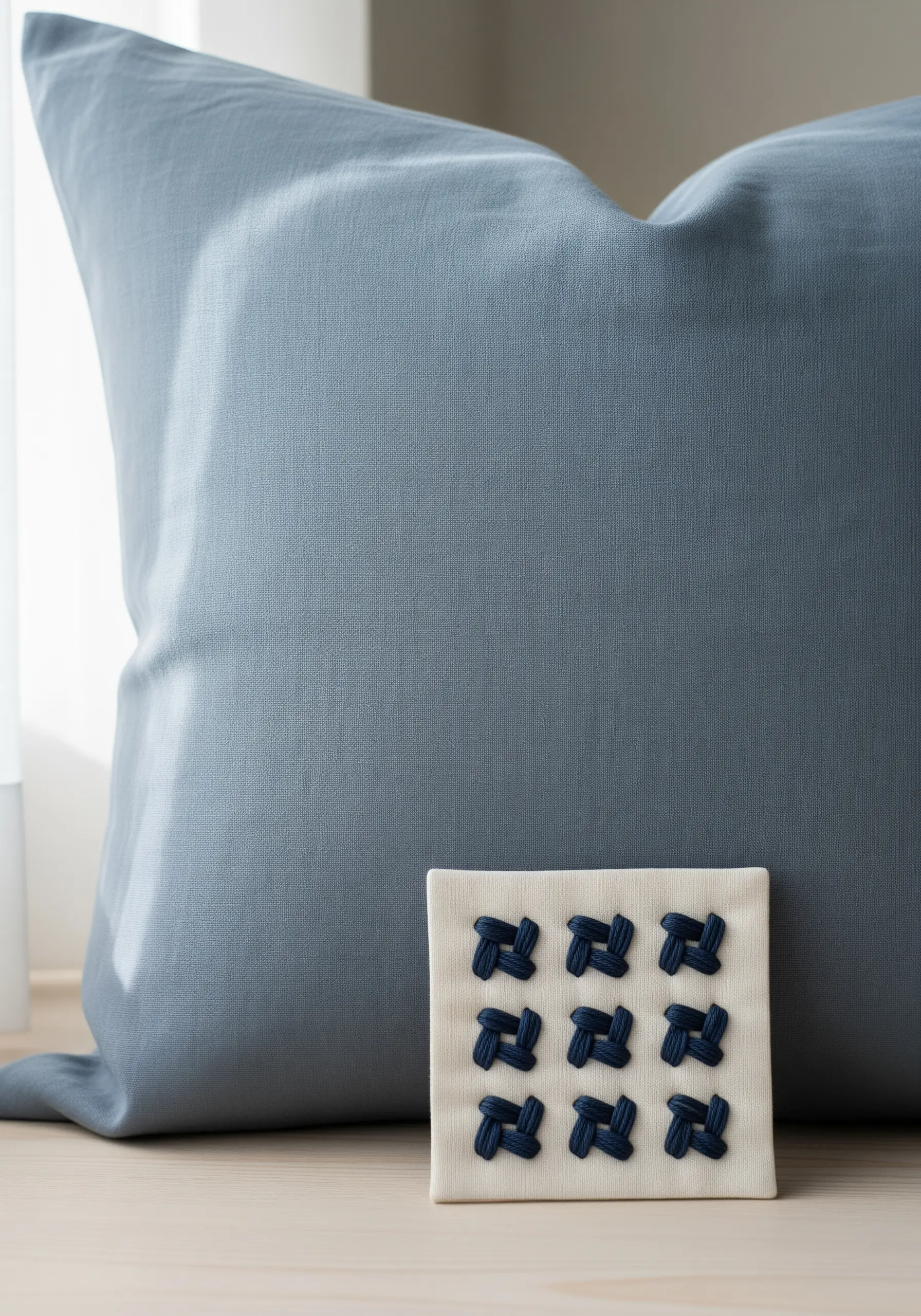 A grid of nine navy blue woven wheel stitches on a small fabric square.