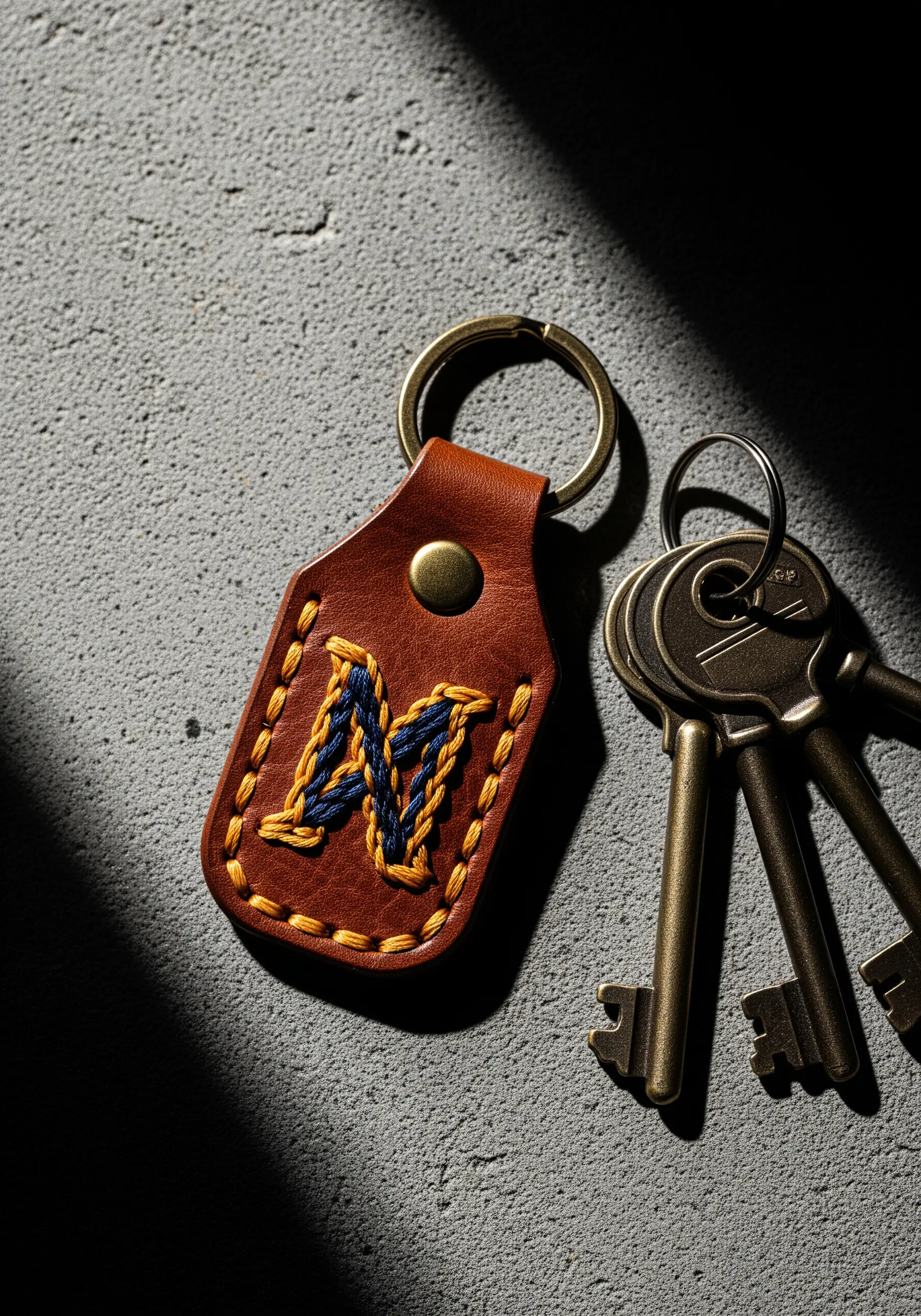 A brown leather keychain with a large letter 'N' filled with a textured, woven embroidery stitch.
