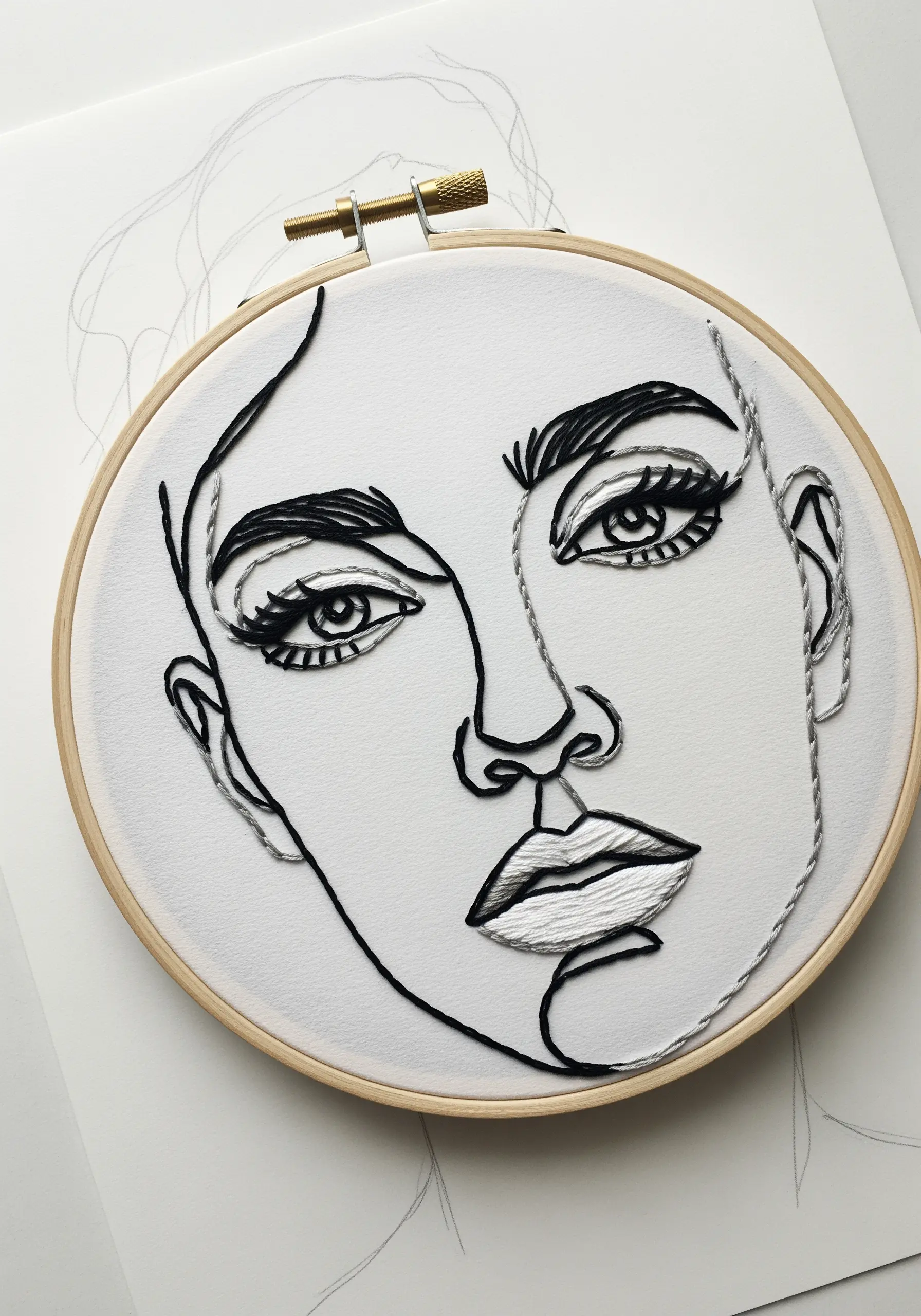 Black and white line art portrait embroidered on white fabric in a hoop.