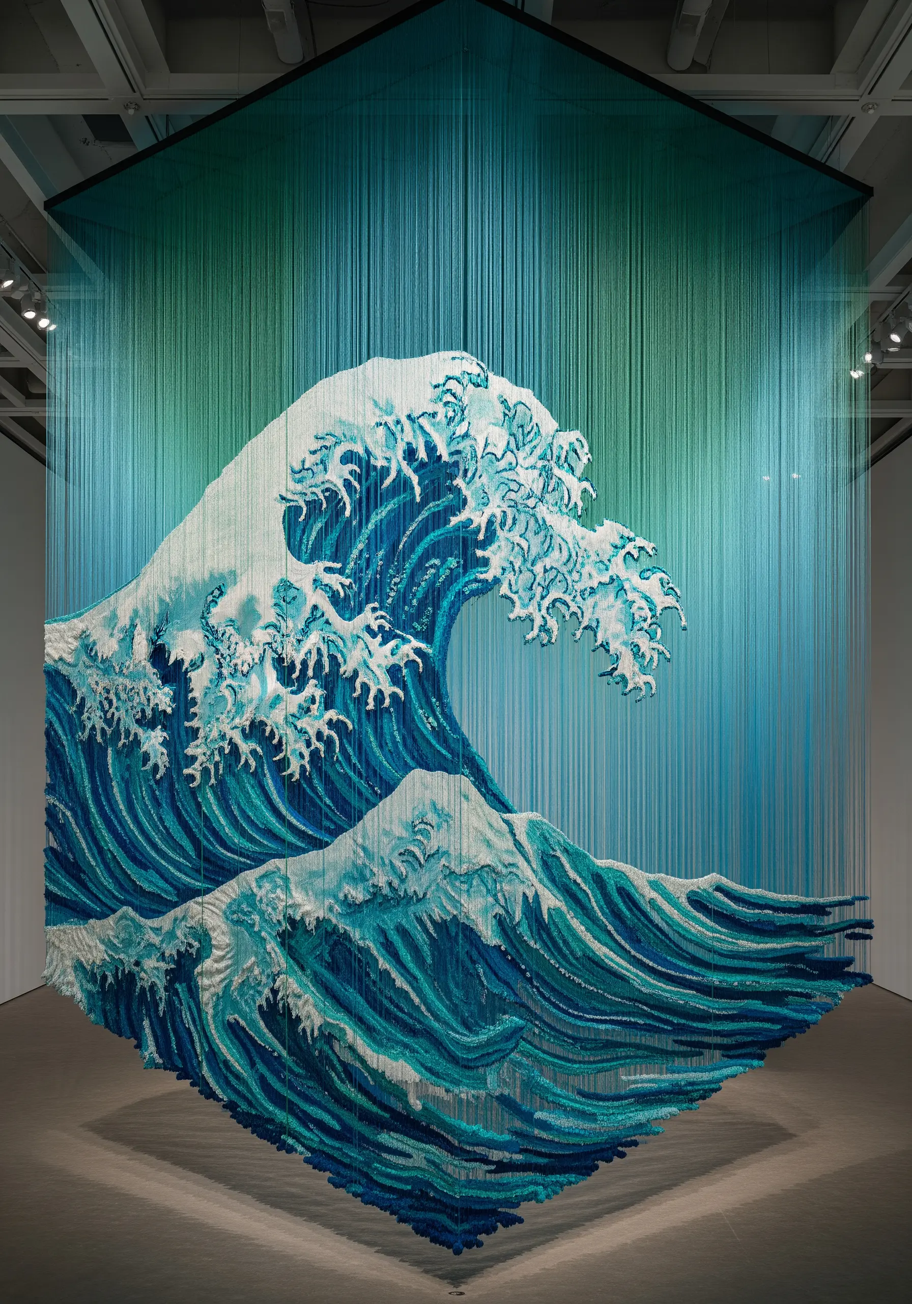 A massive, 3D installation of 'The Great Wave' created with thousands of suspended blue threads.