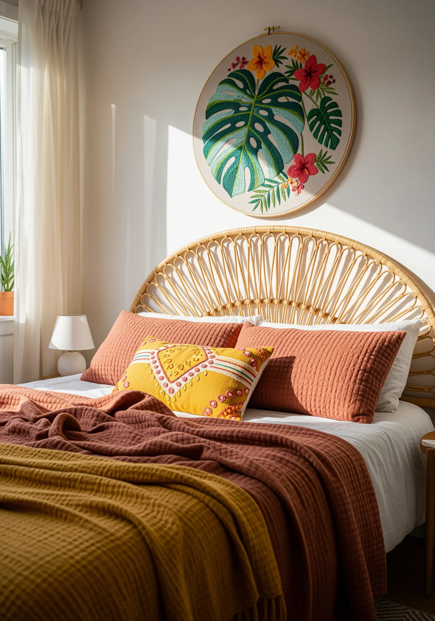 Large embroidery hoop with a satin-stitched monstera leaf and tropical flowers.