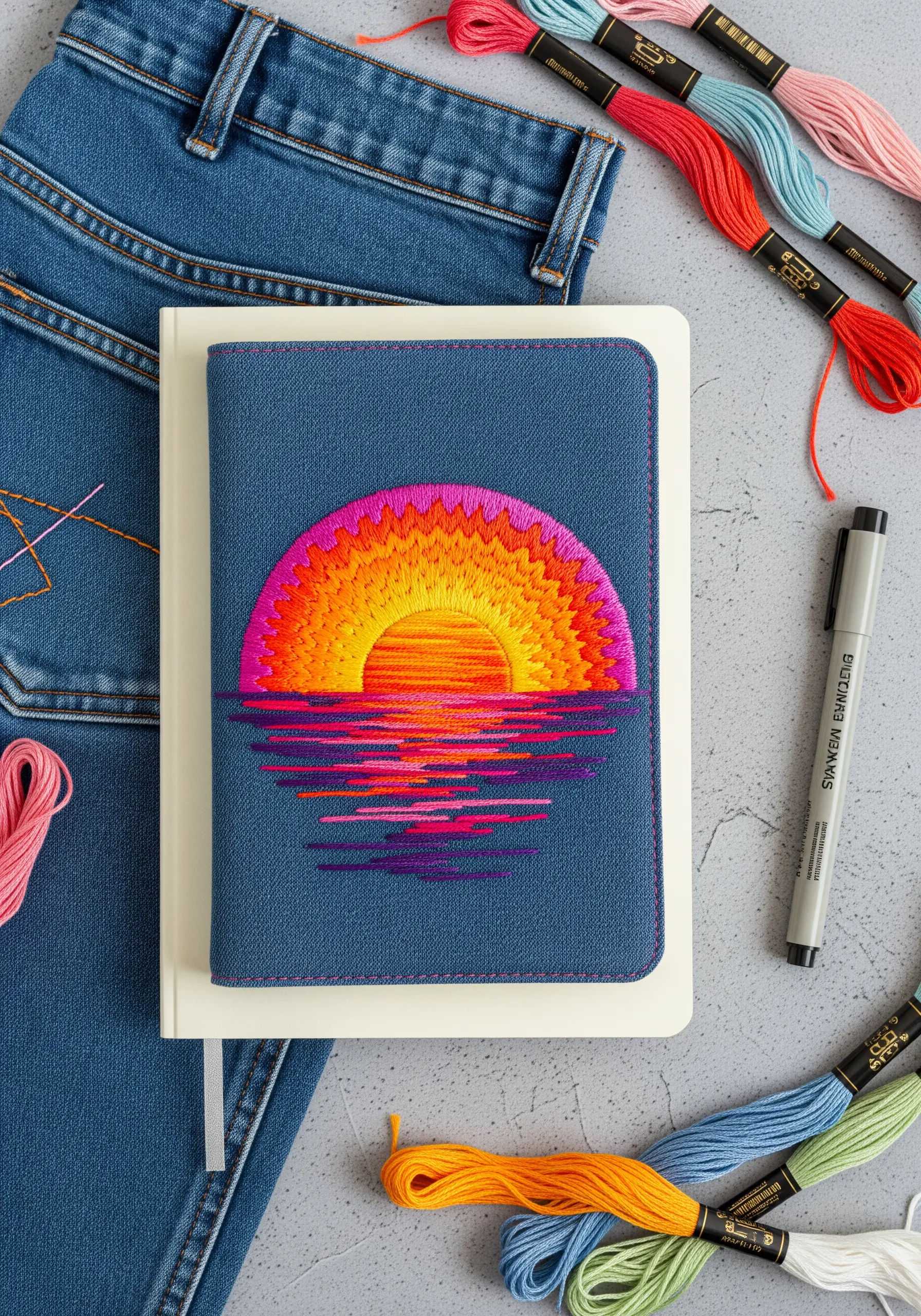 An embroidered journal cover showing a vibrant, thread-painted sunset over water.