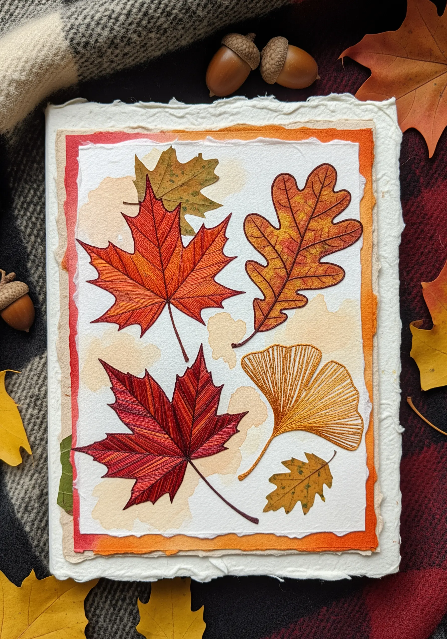 Several autumn leaves embroidered with blended red and orange threads on watercolor paper.