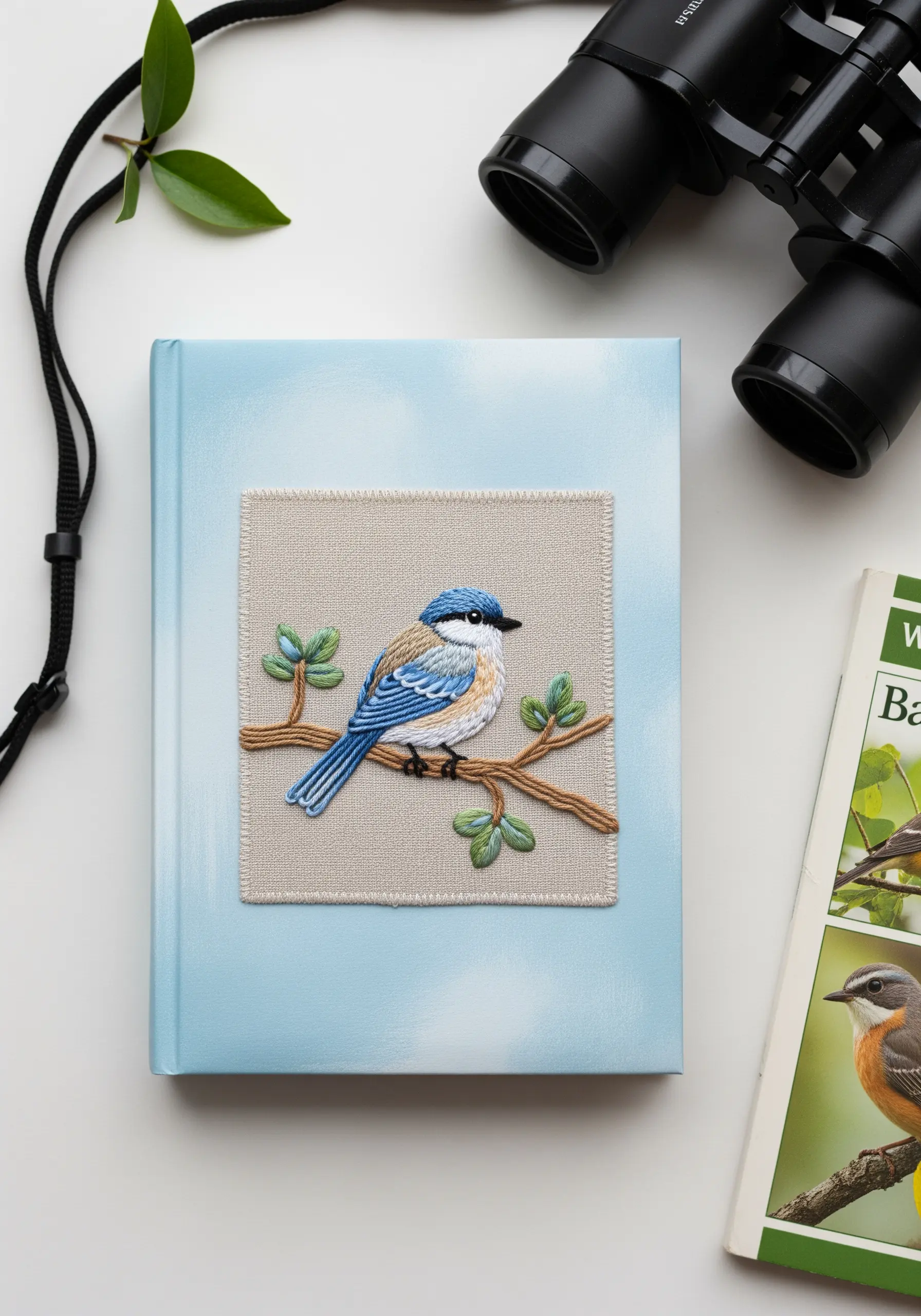 A realistically thread-painted blue bird on a branch, stitched on a linen patch on a journal.