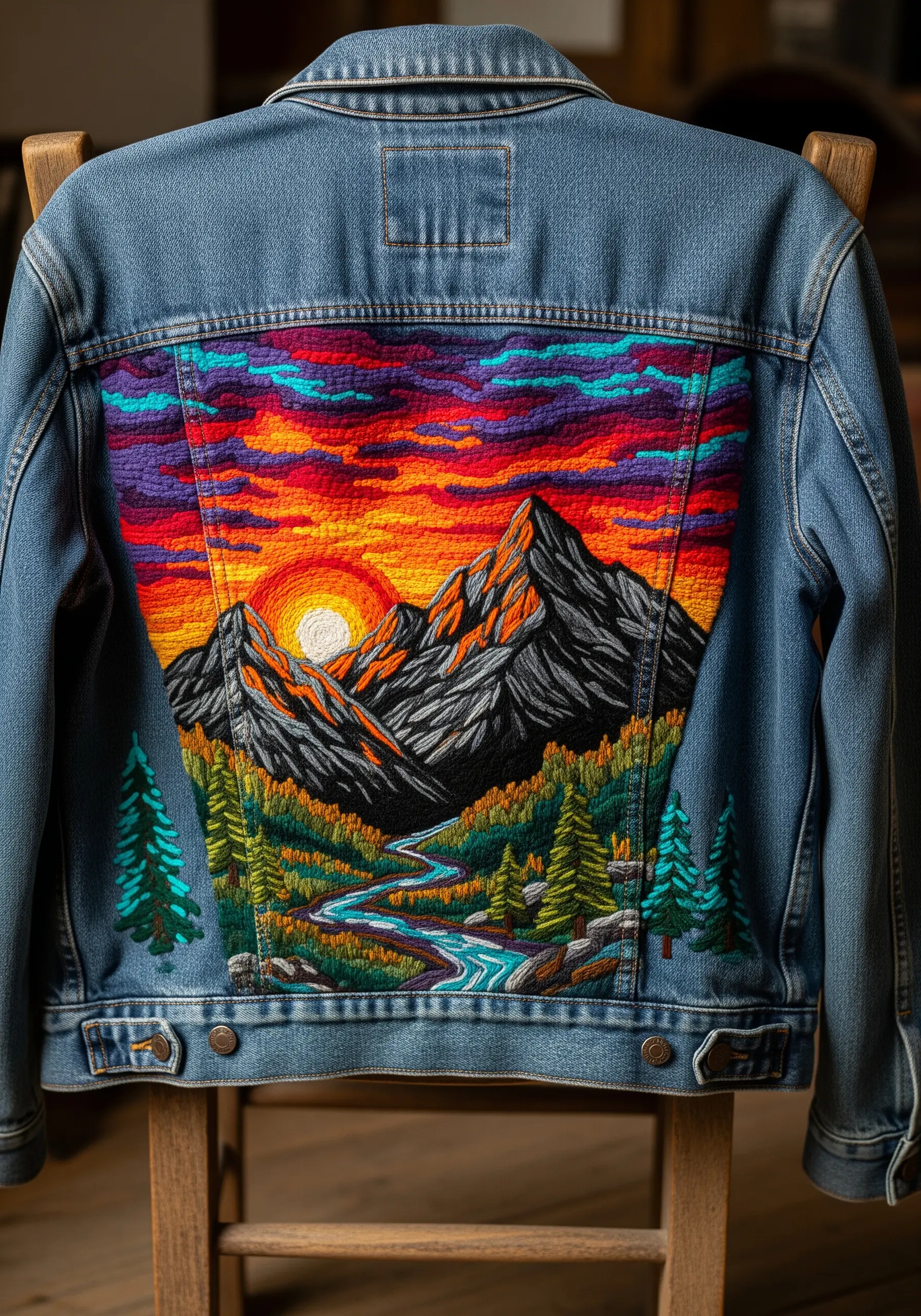 Denim jacket with vibrant embroidered mountain sunset