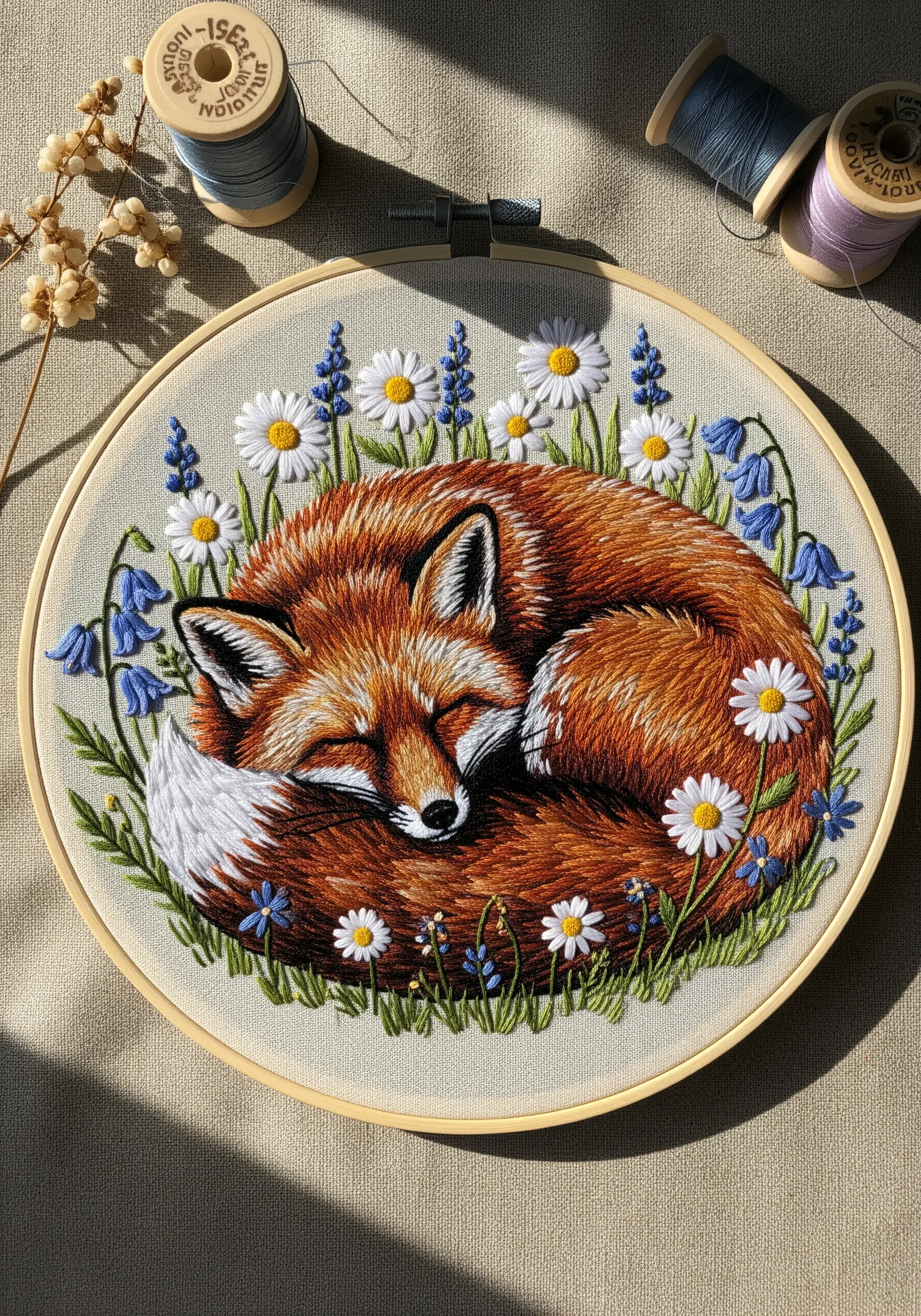 Detailed thread painting of a sleeping red fox surrounded by flowers