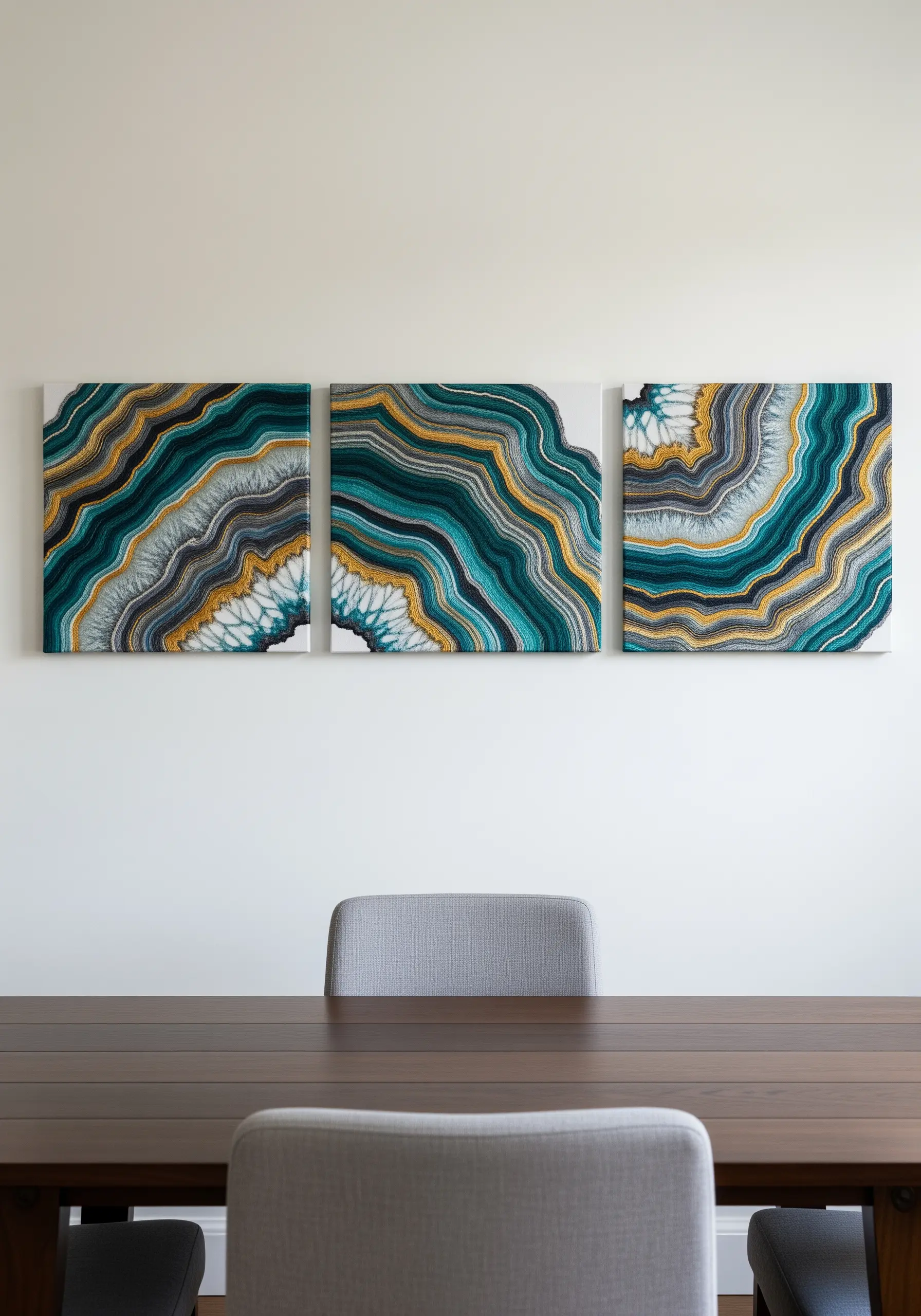 A triptych of embroidered canvases depicting the layered patterns of an agate stone.