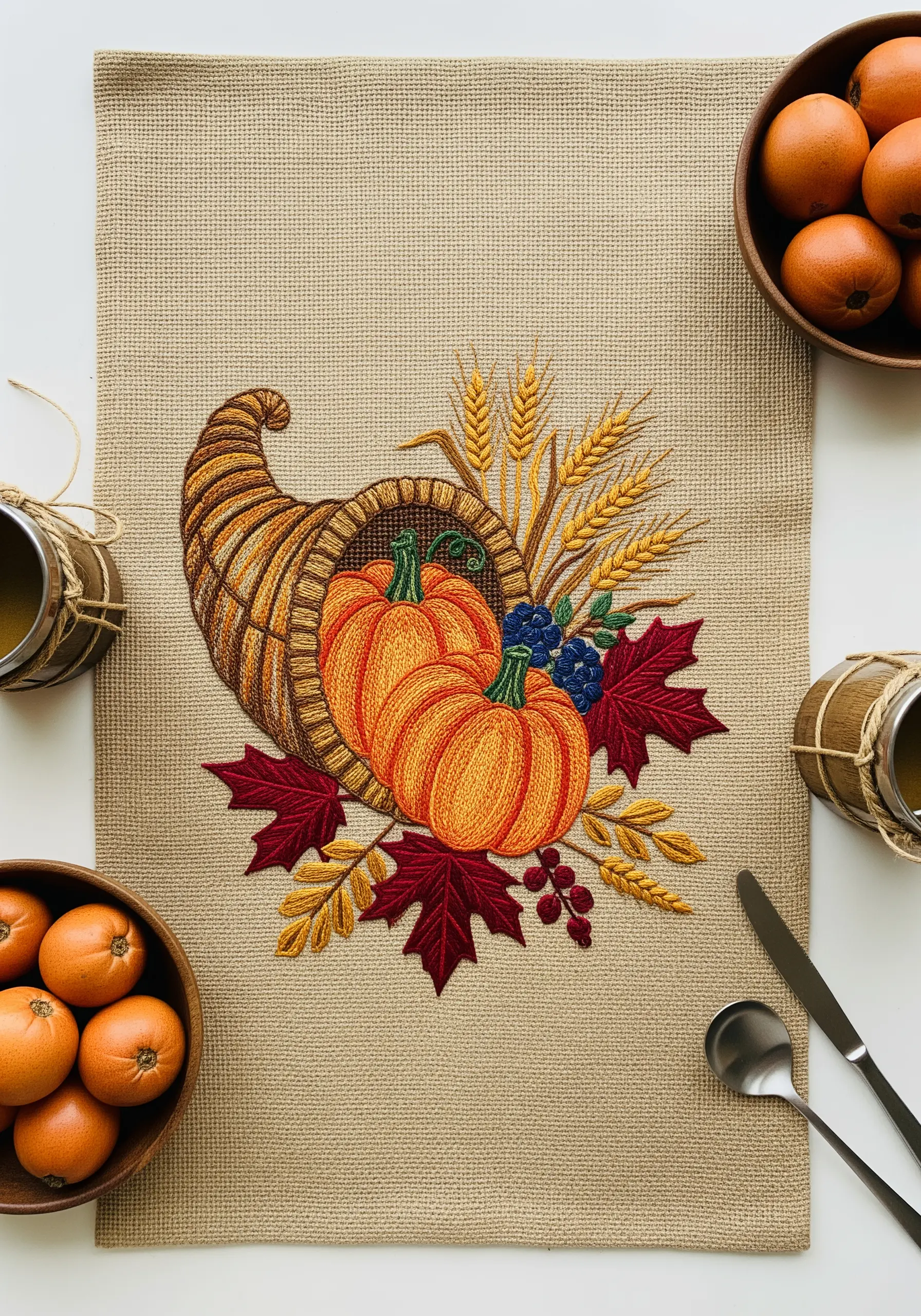 Thread-painted cornucopia with pumpkins and wheat on a burlap table runner.
