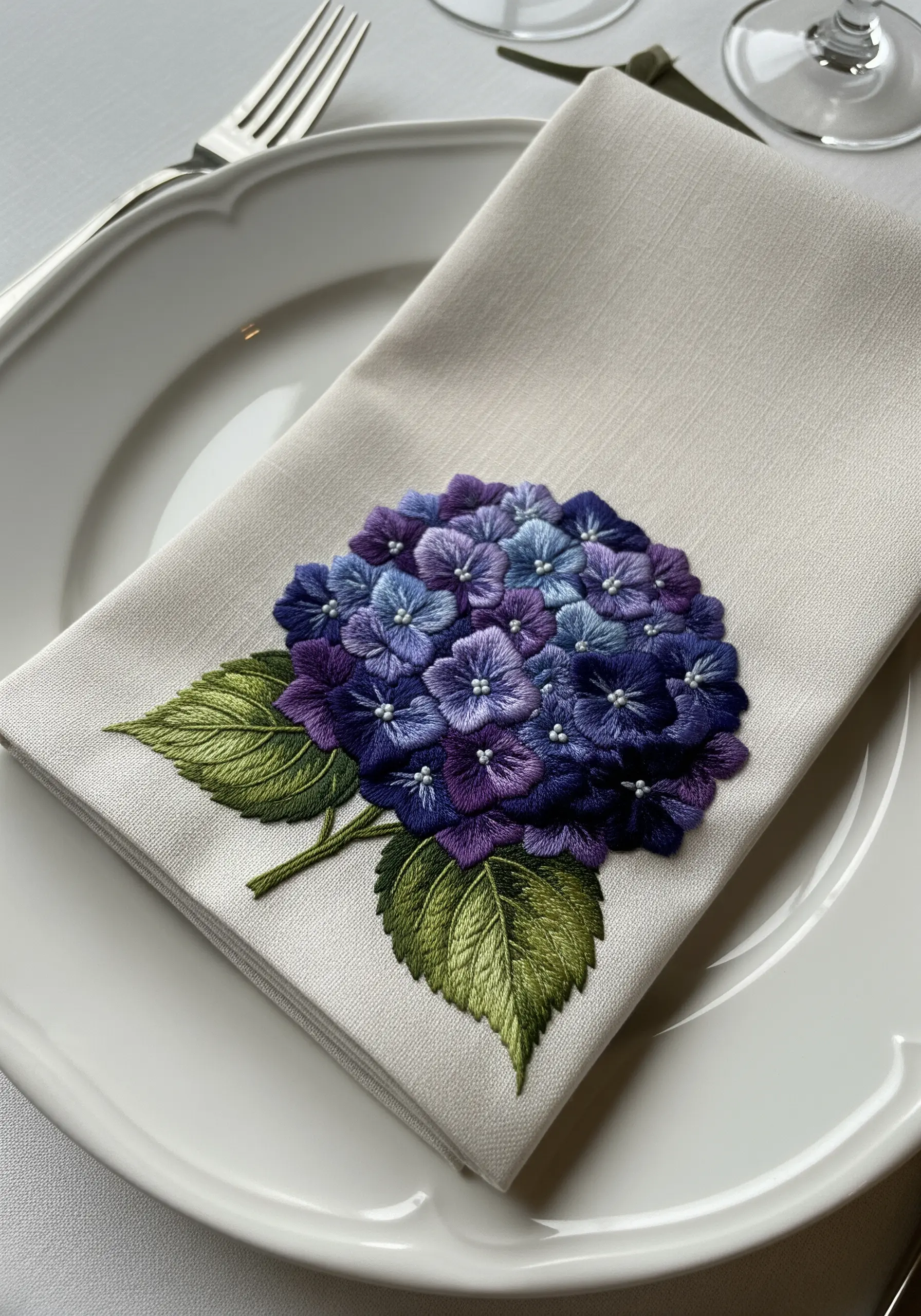 A vibrant, thread-painted hydrangea in deep purples and blues on a white table napkin.