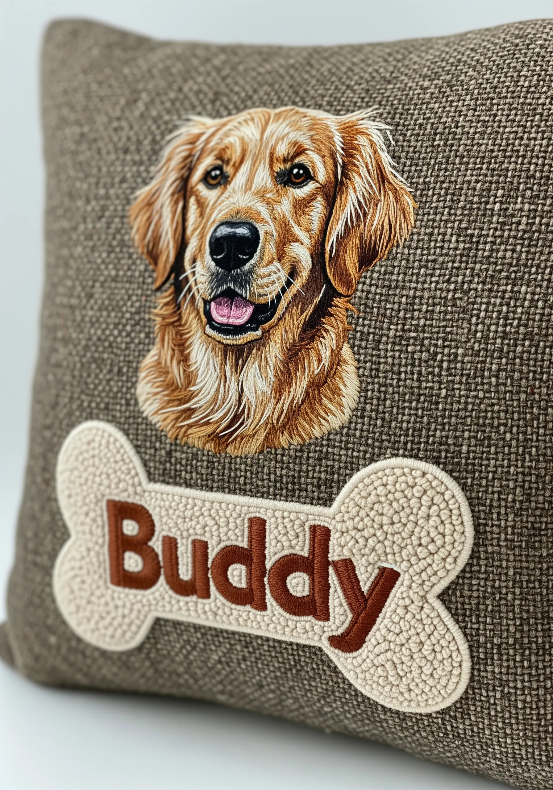 Textured brown pillow with realistic Golden Retriever embroidery and name Buddy