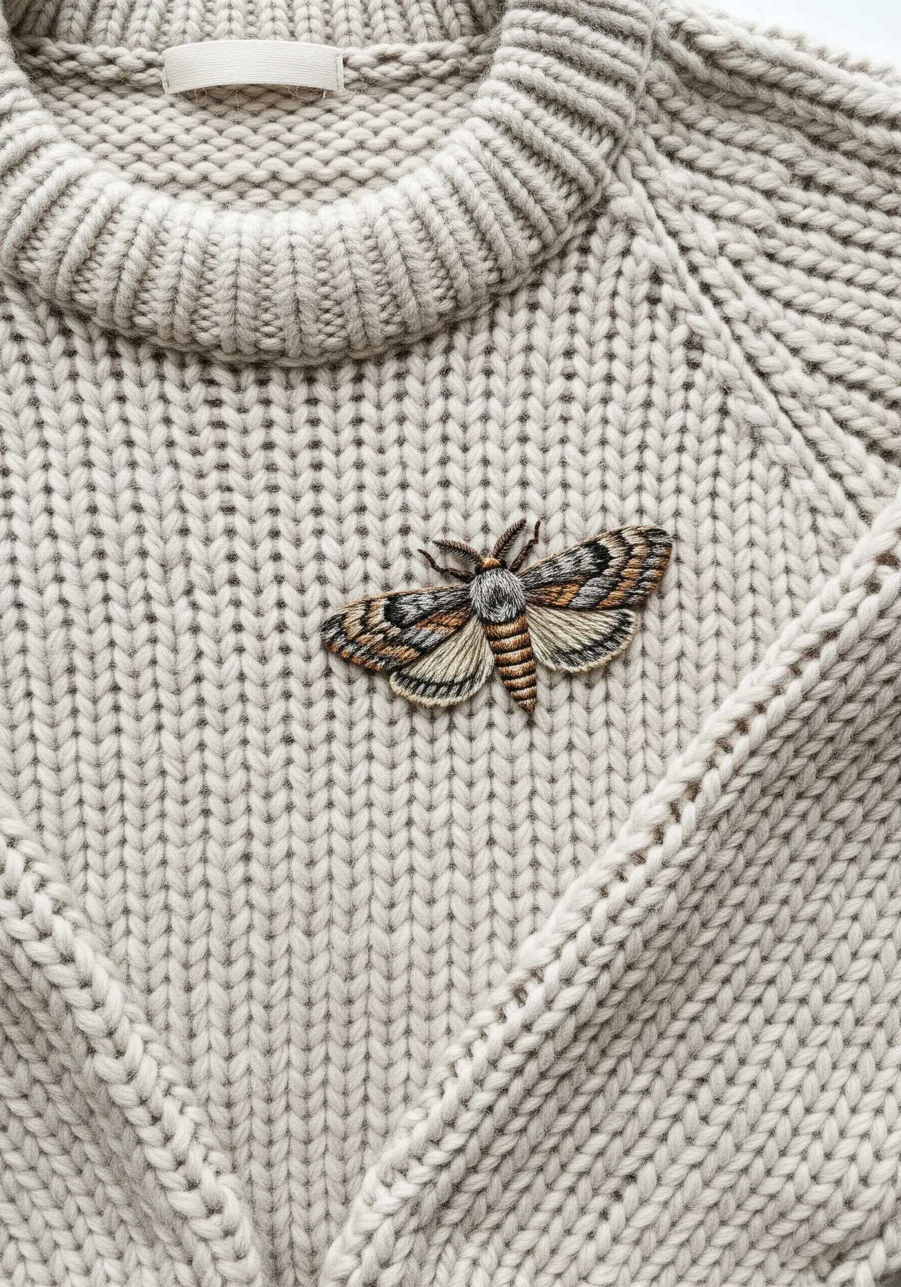 A realistically thread-painted moth on a chunky off-white knit sweater.