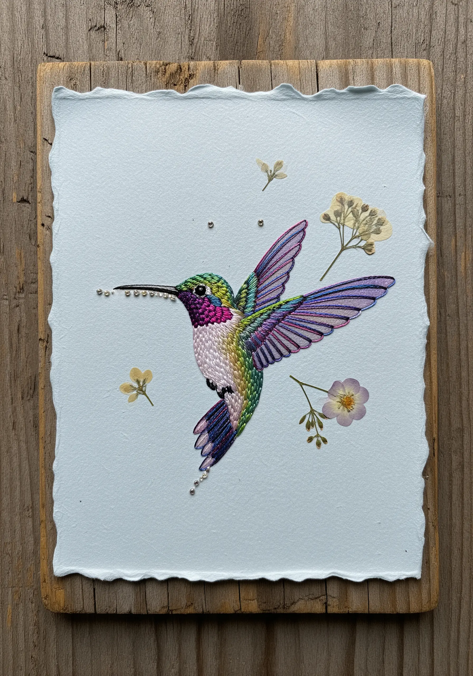 Detailed thread-painted hummingbird on paper, embellished with real pressed flowers.