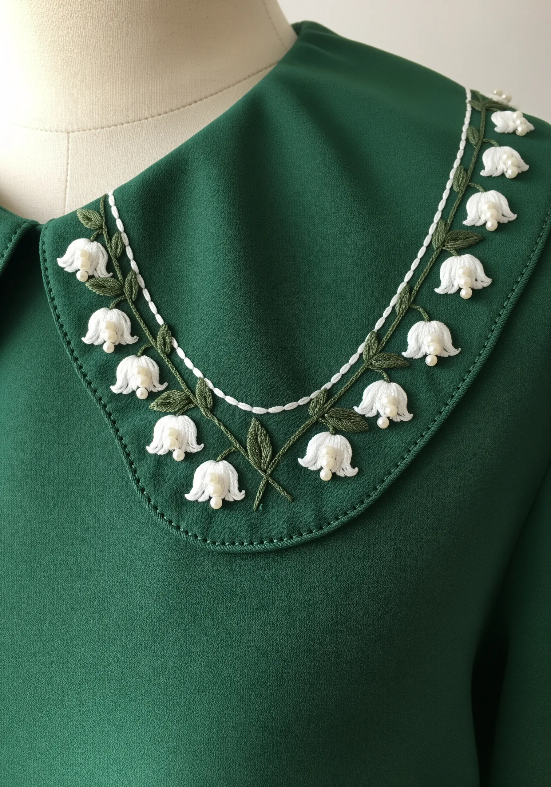 A garland of 3D Lily of the Valley flowers with pearl centers on a green collar.