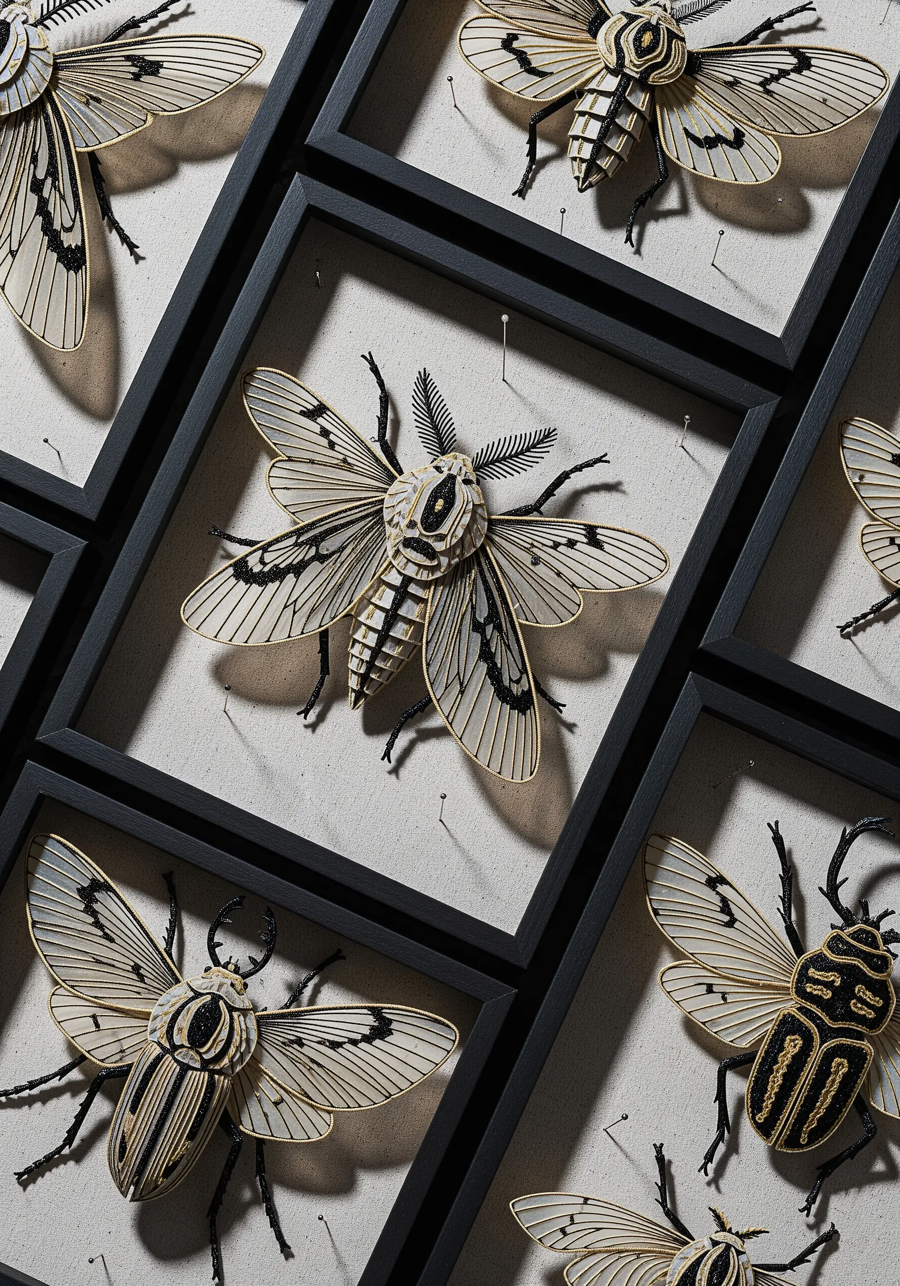 Framed 3D paper insects with delicate black and gold embroidery details on the bodies and wings.