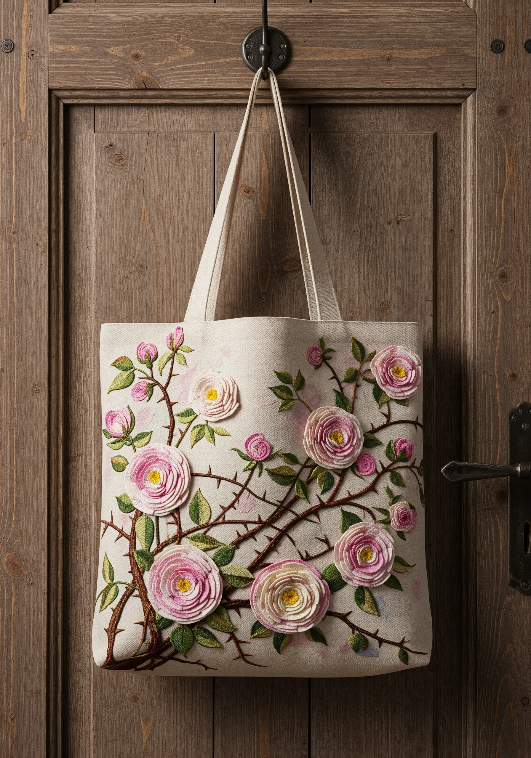 3D fabric roses with embroidered leaves and stems on a canvas tote bag.