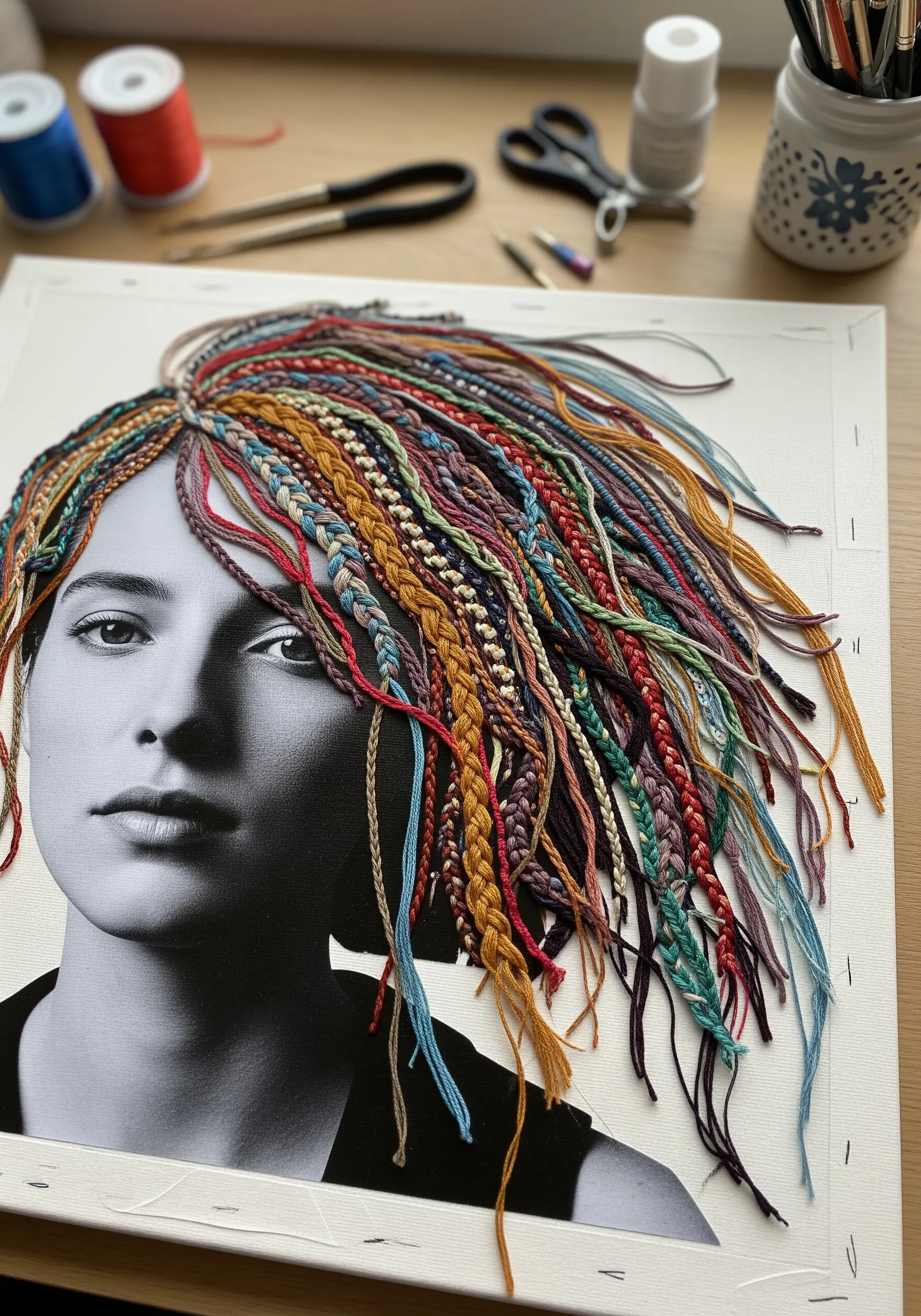 Black and white portrait with colorful braided threads and yarn added as hair.