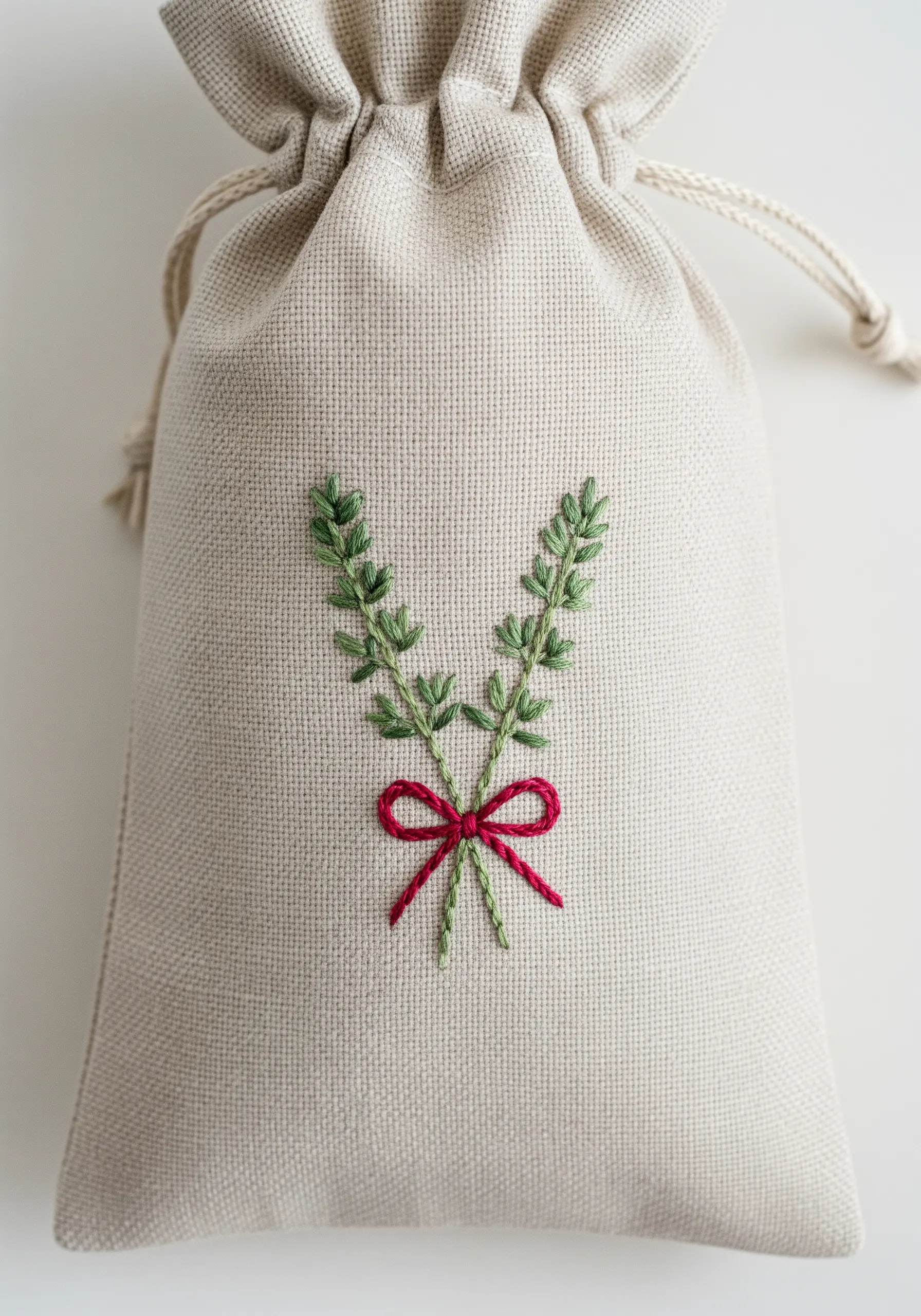 Two small embroidered sprigs of thyme tied together with a stitched magenta bow on a linen bag.