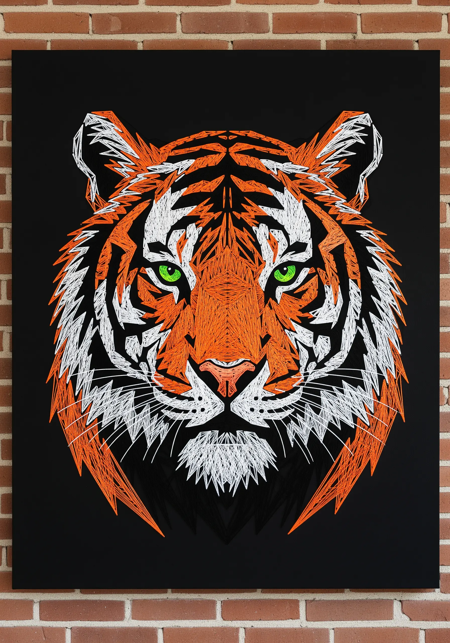 A stylized tiger portrait with orange, white, and black thread creating a fur-like texture.