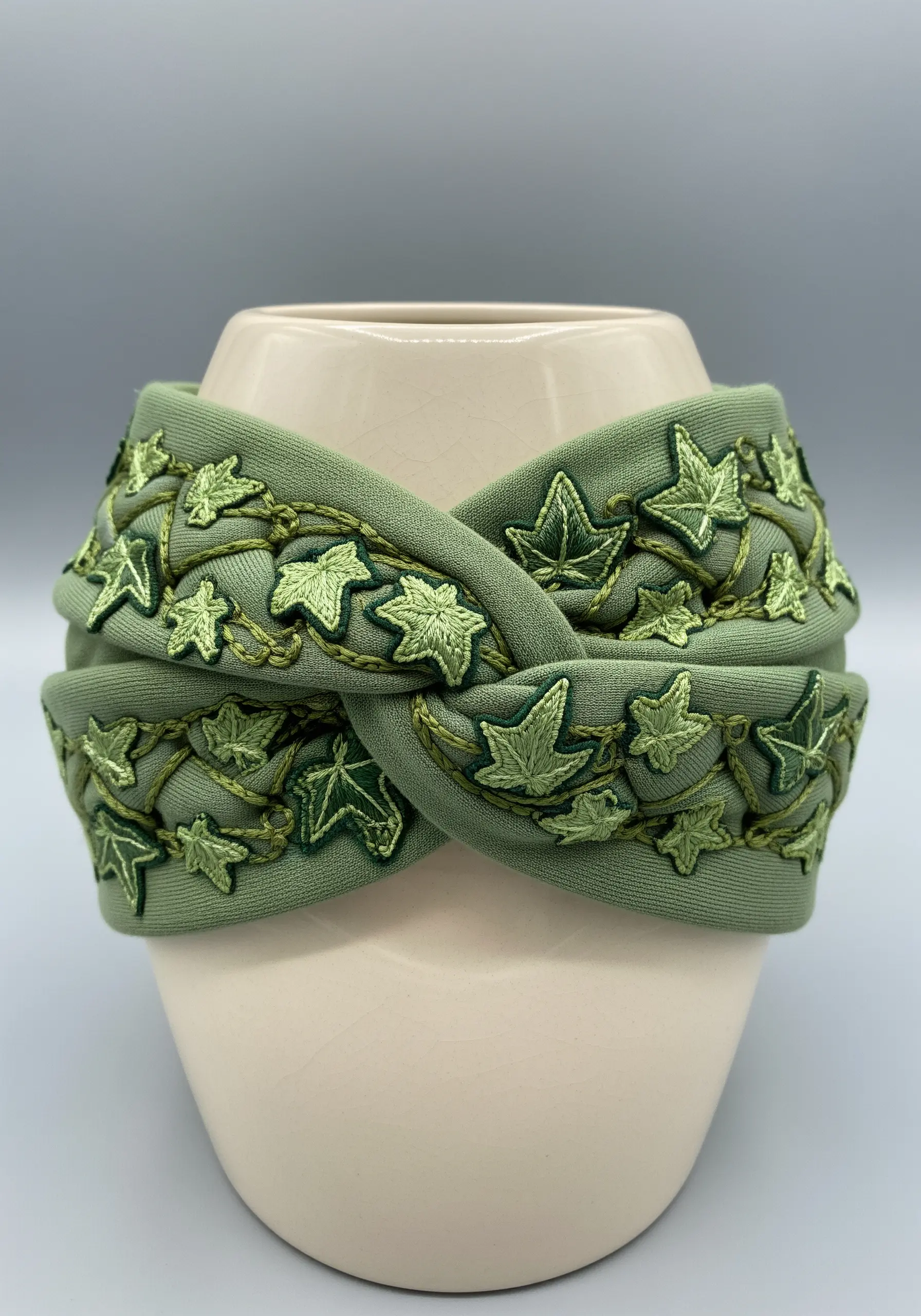 Green ivy leaf embroidery on green headband