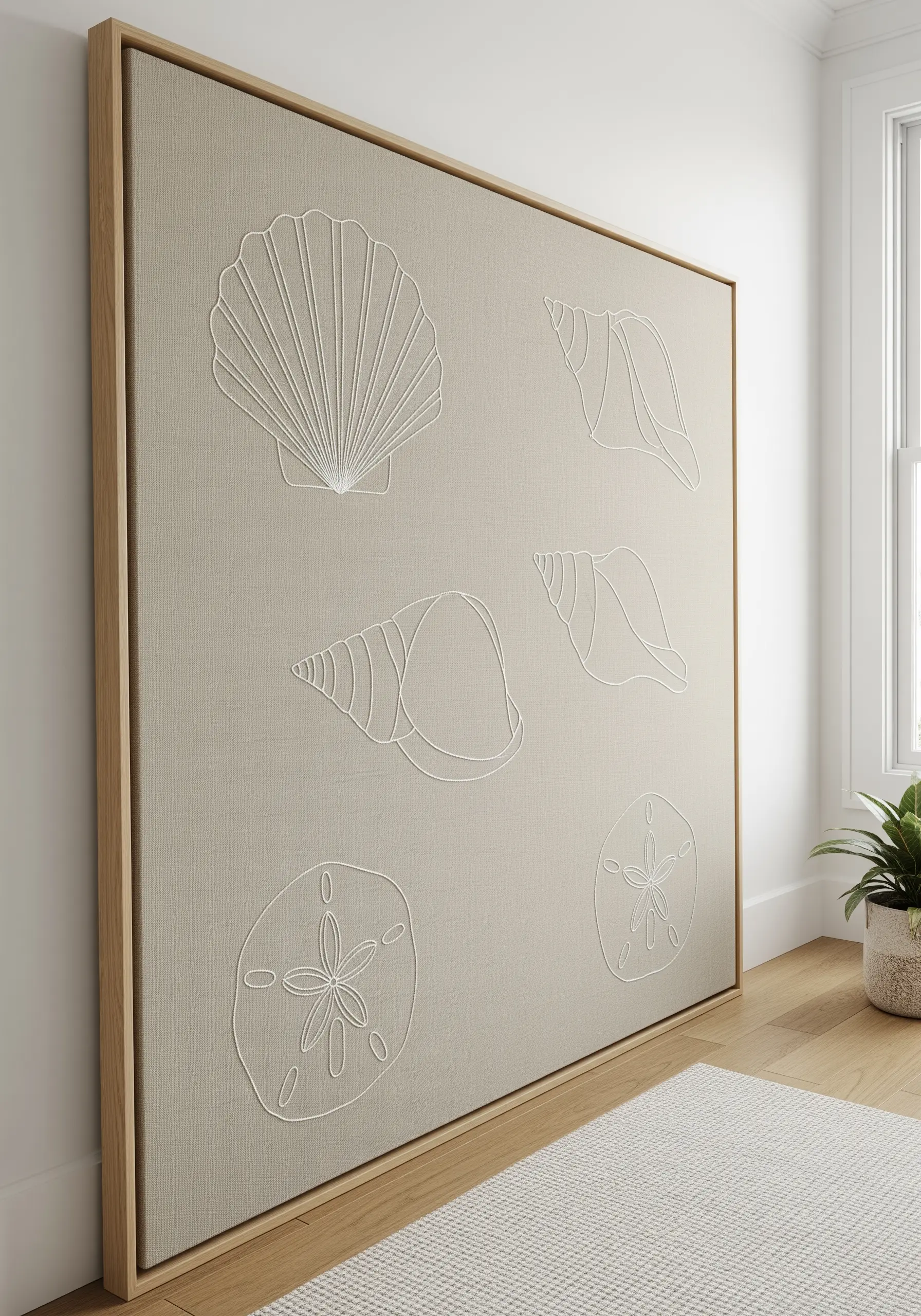 Large, framed canvas with seashell outlines embroidered in white thread on a beige background.