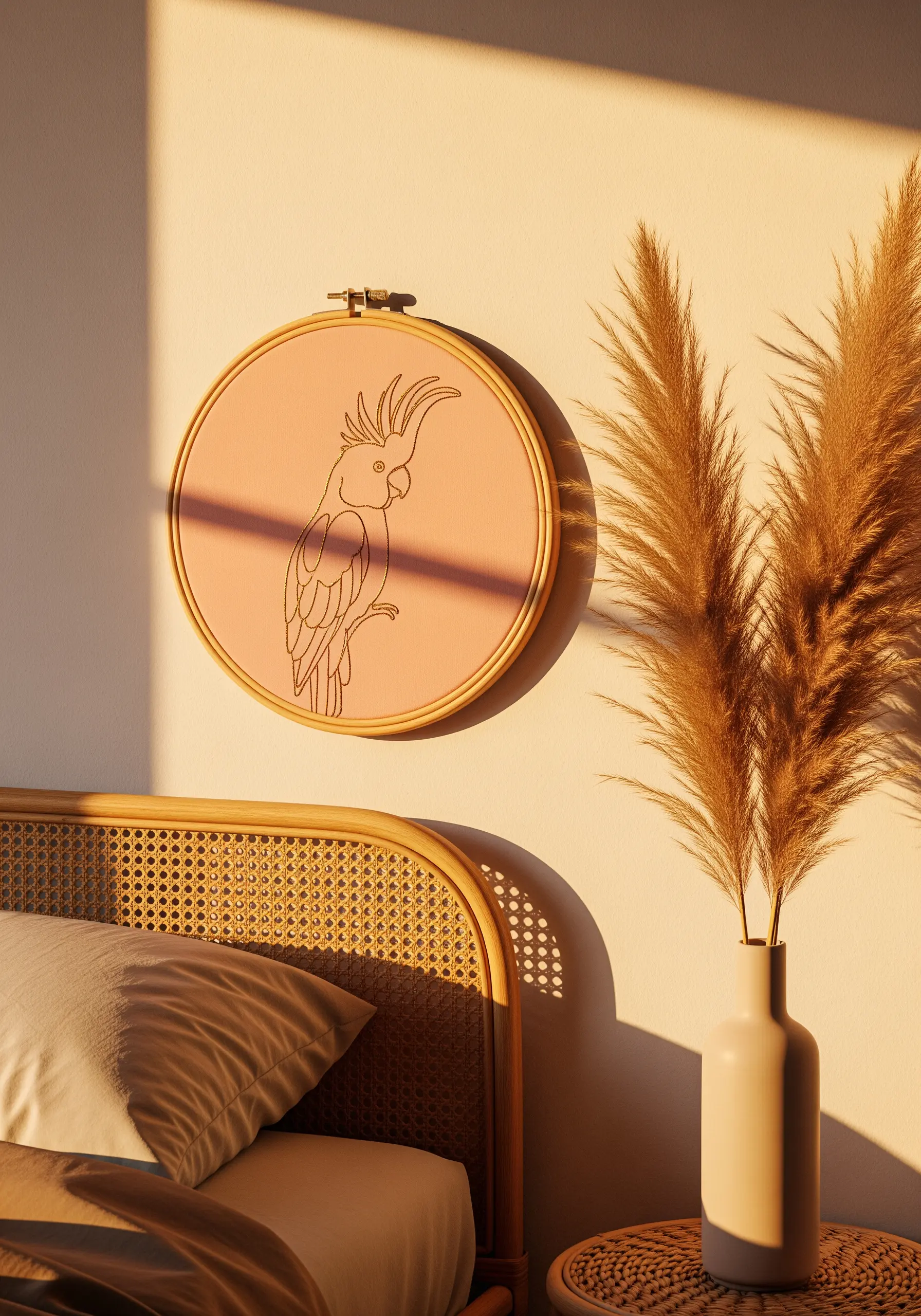 Cockatoo line art embroidery on peach colored fabric hoop