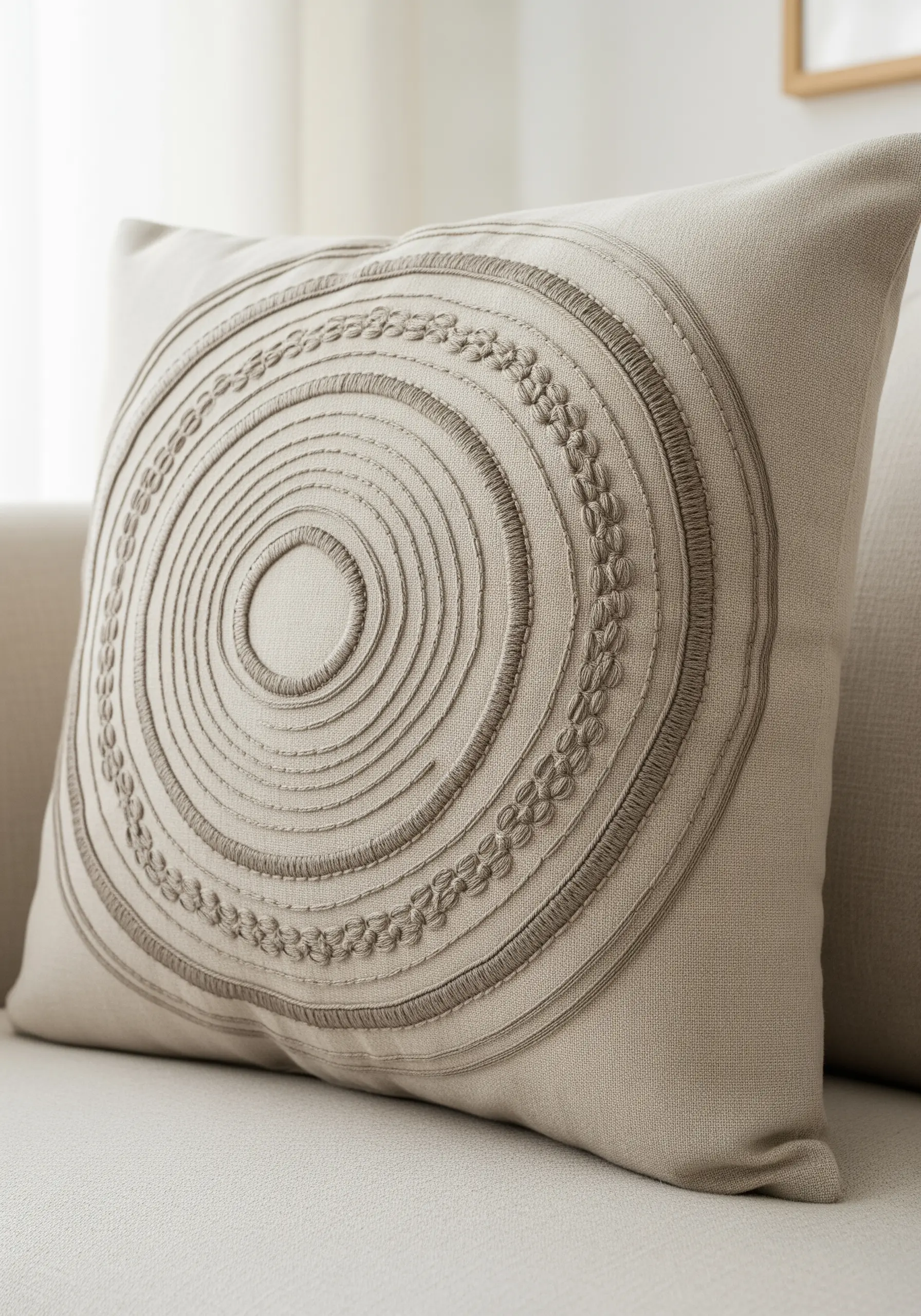 Concentric circle mandala embroidered in taupe thread on a light beige linen pillow.