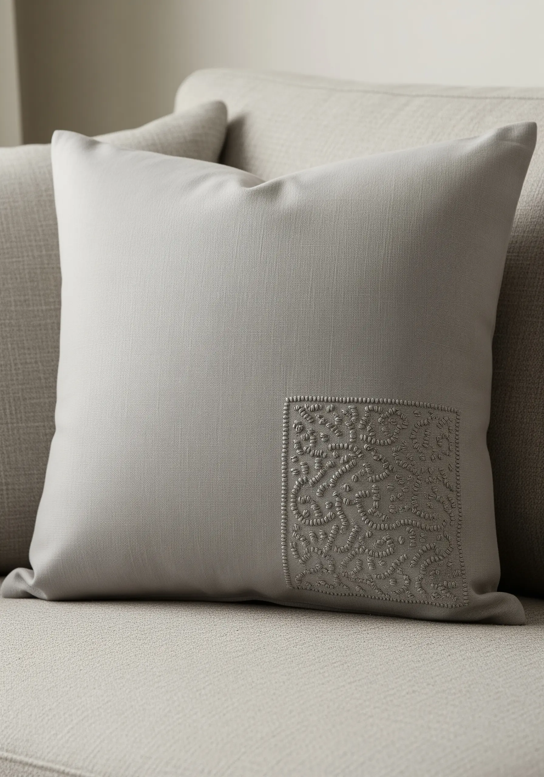 A square patch of intricate, textural tone-on-tone embroidery on a light grey pillow.