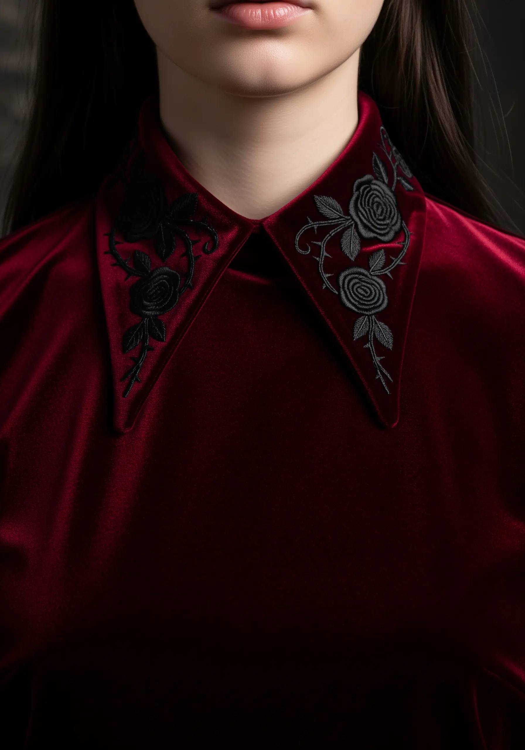 Subtle black roses and thorns embroidered on the velvet collar of a deep red shirt.