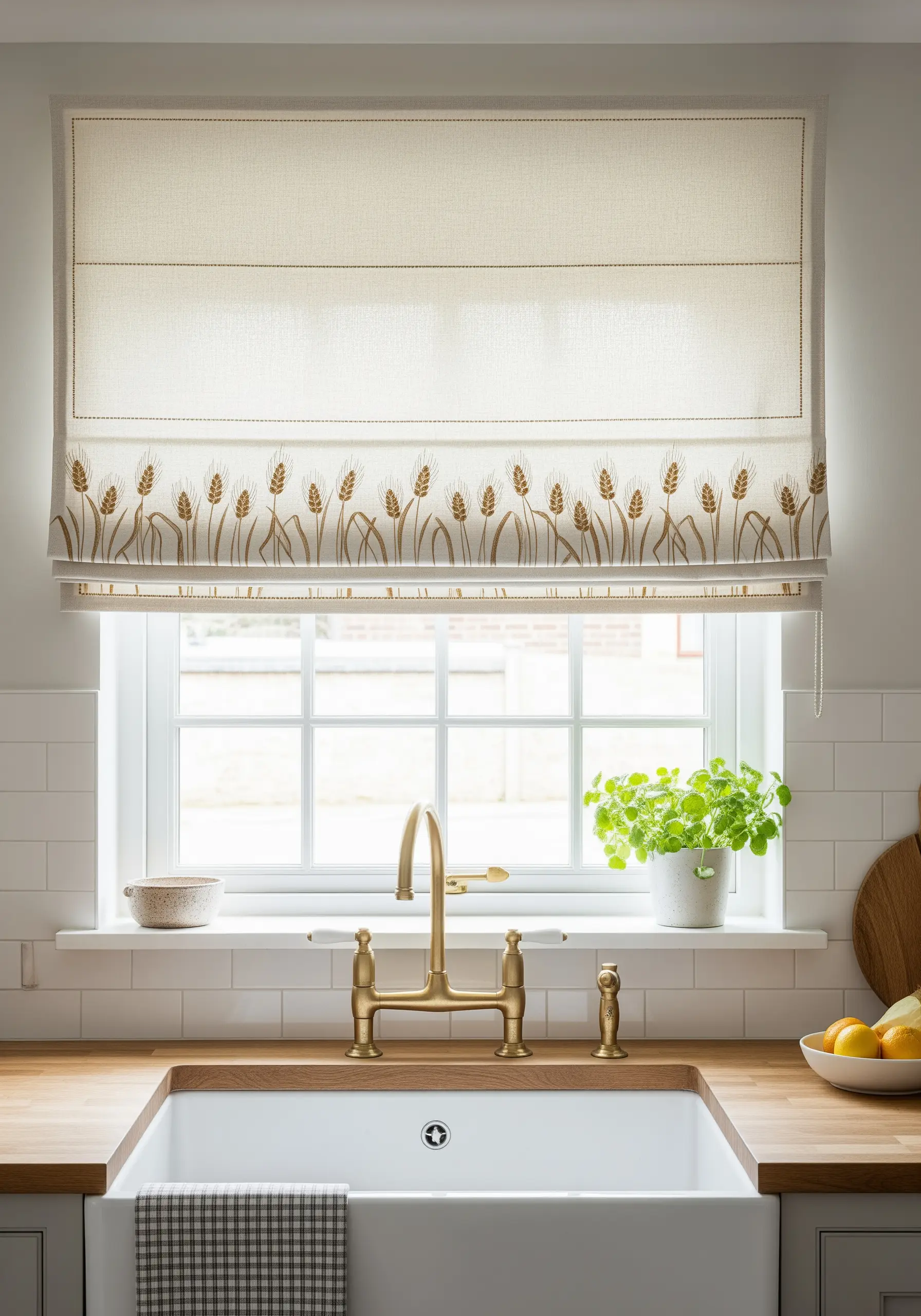 A subtle border of embroidered wheat stalks on a cream-colored Roman blind.