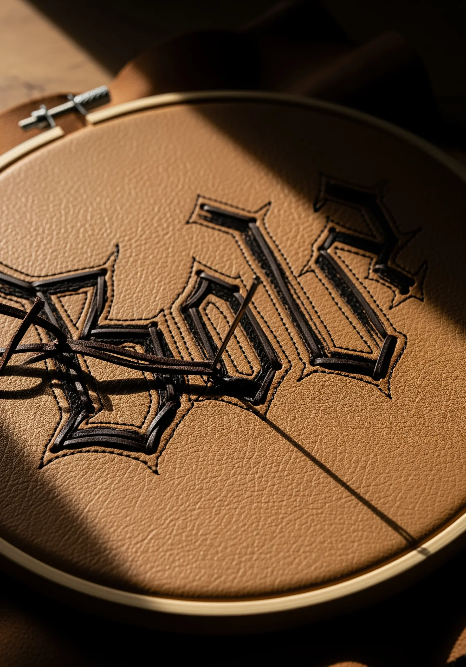 Black gothic lettering embroidered on tan leather