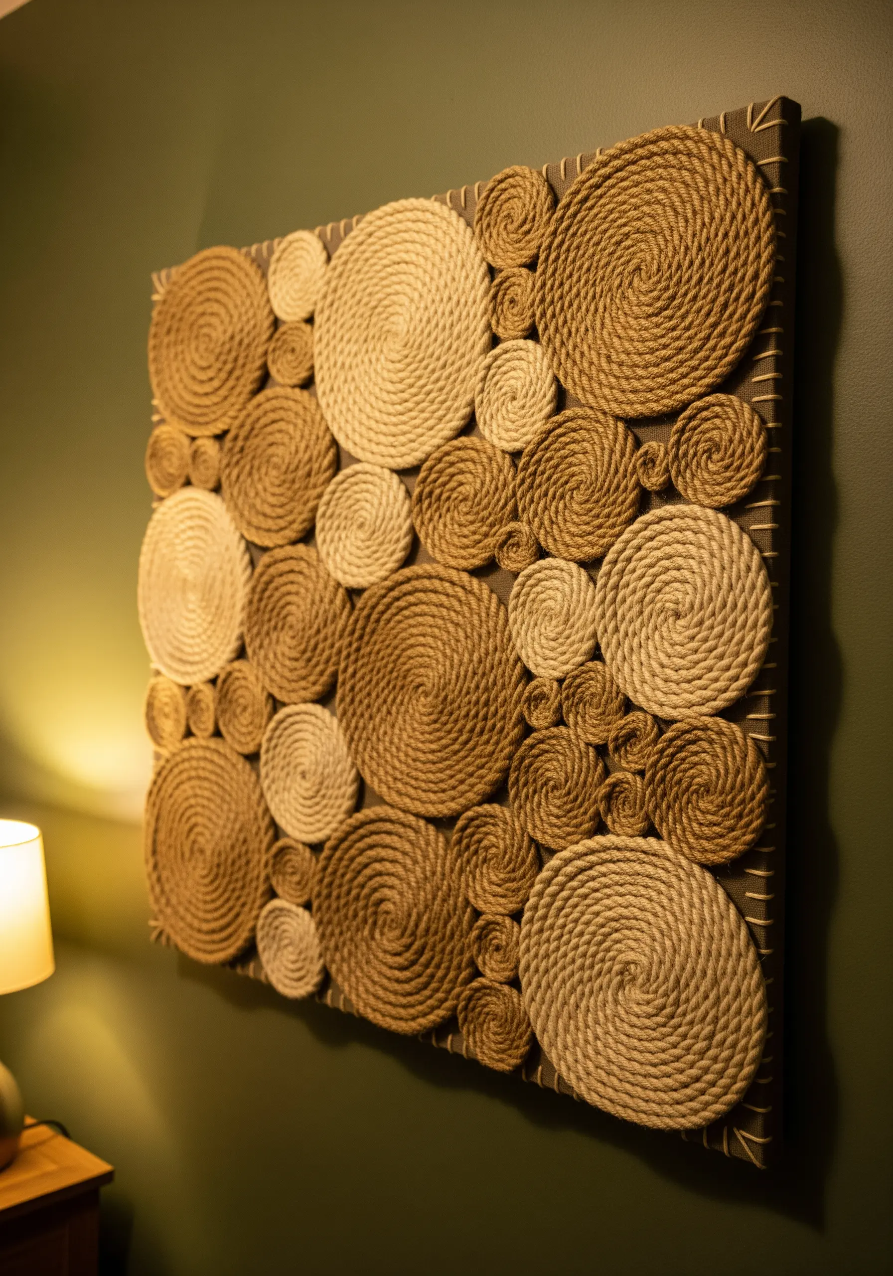 A square wall art piece made of coiled jute rope in varying sizes.