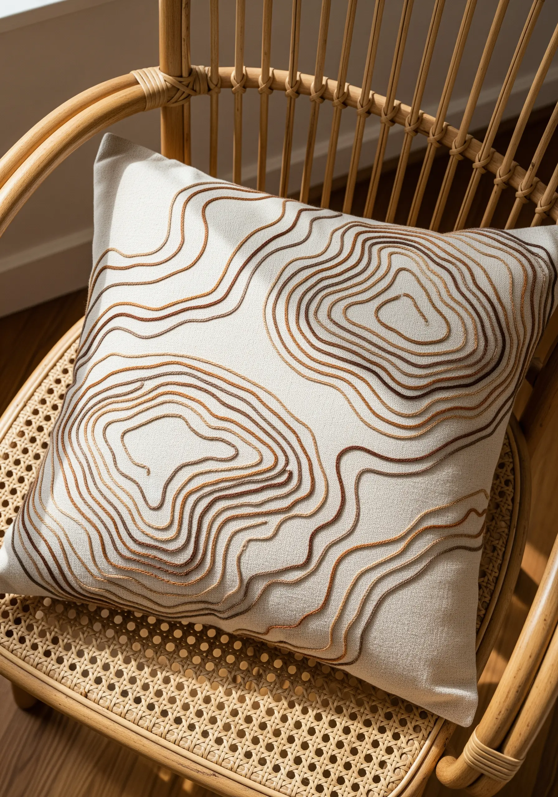 Embroidered cushion with flowing, topographic map lines in shades of brown and gold.