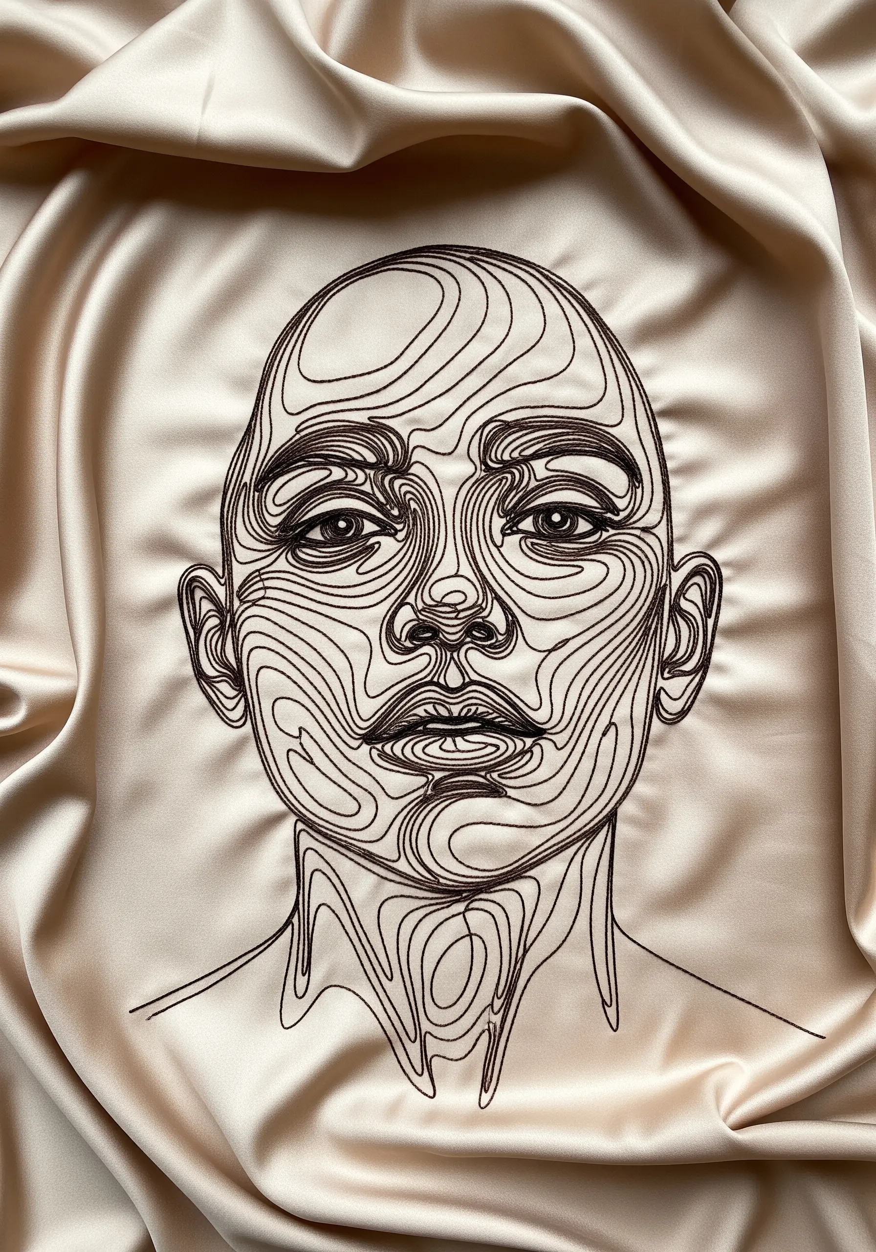 A complex contour-line portrait embroidered in dark thread on shimmering champagne-colored satin.