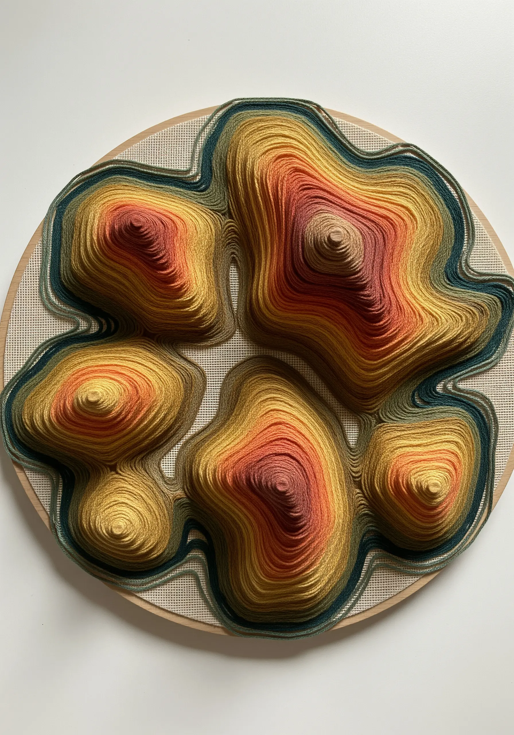 A 3D topographic art piece with organic shapes made from tightly wound, colorful threads.