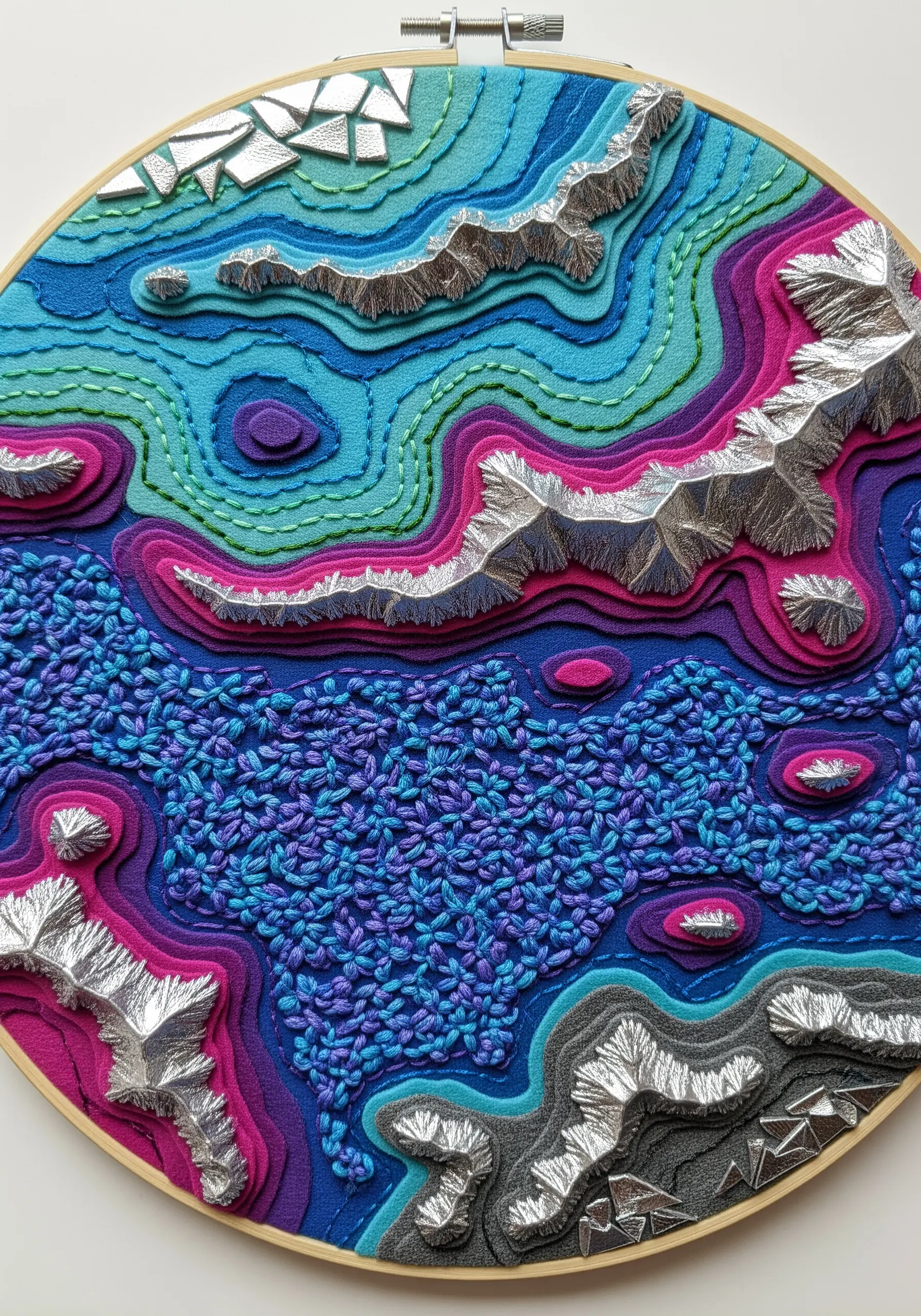 A topographical map embroidery using layered felt, metallic fabric, and contour stitching.