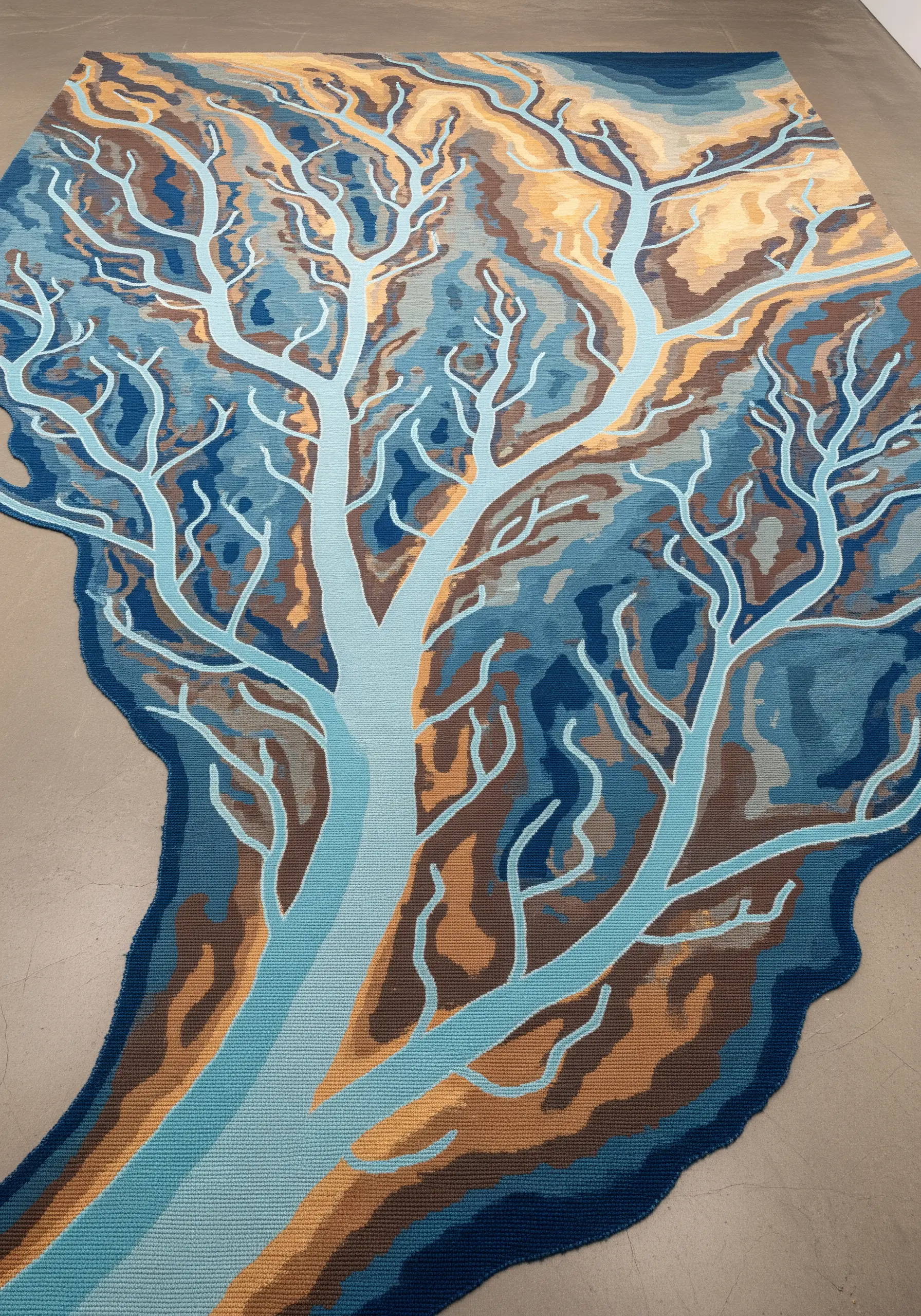 A large textile piece showing a river delta in shades of blue, brown, and tan.