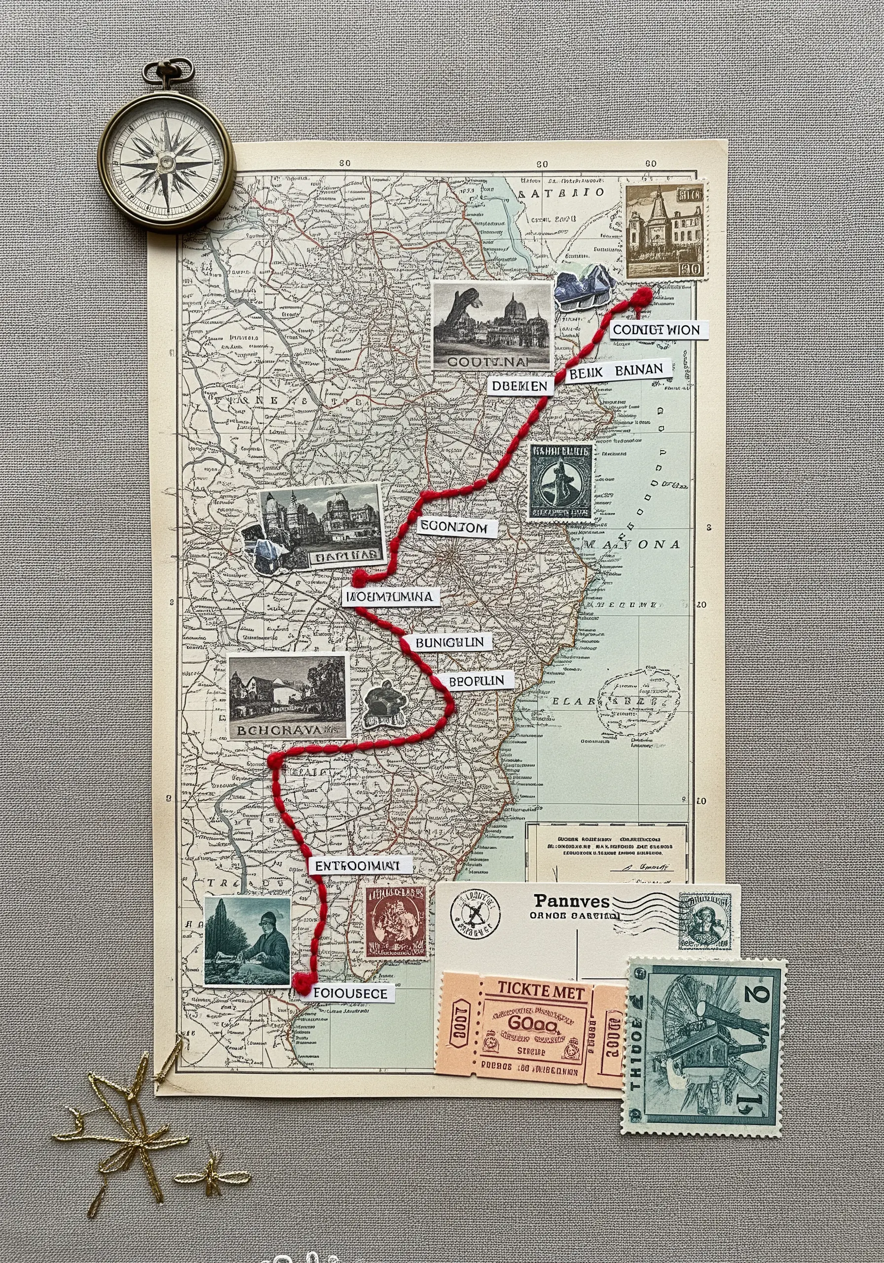 Vintage map with a journey traced in thick, couched red yarn.