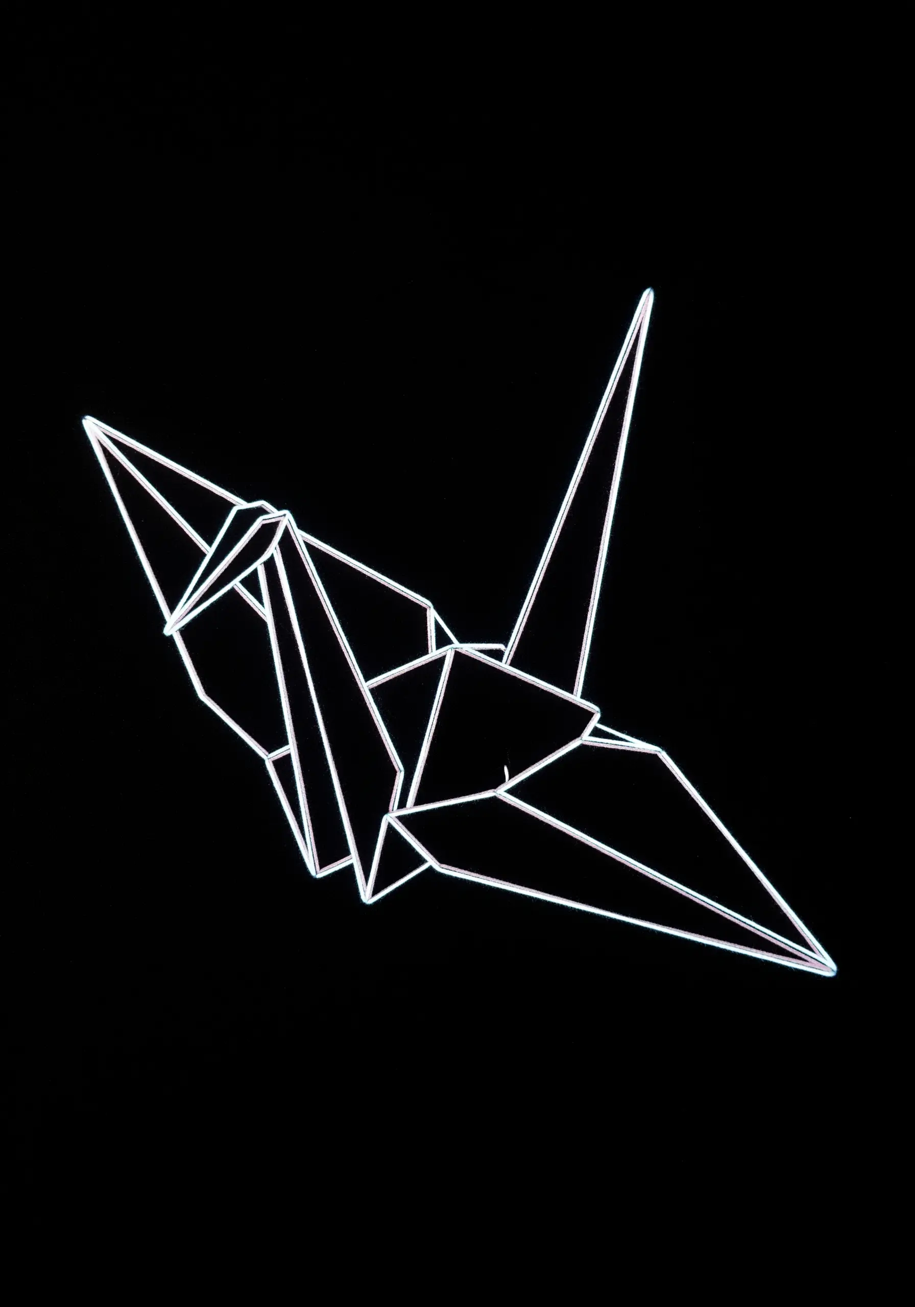 An outline of an origami crane in a single strand of glowing white thread.