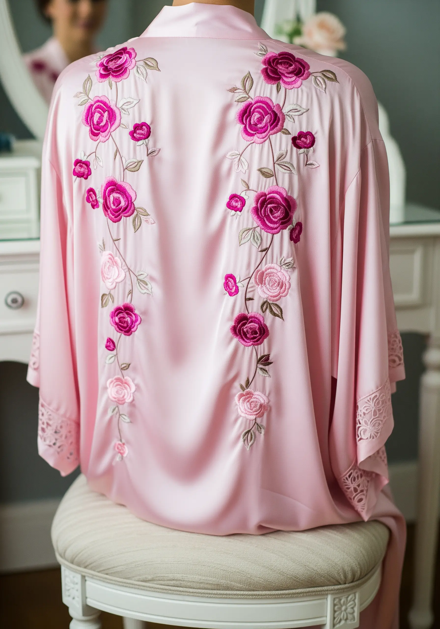 Pink rose vine embroidery on back of silk robe