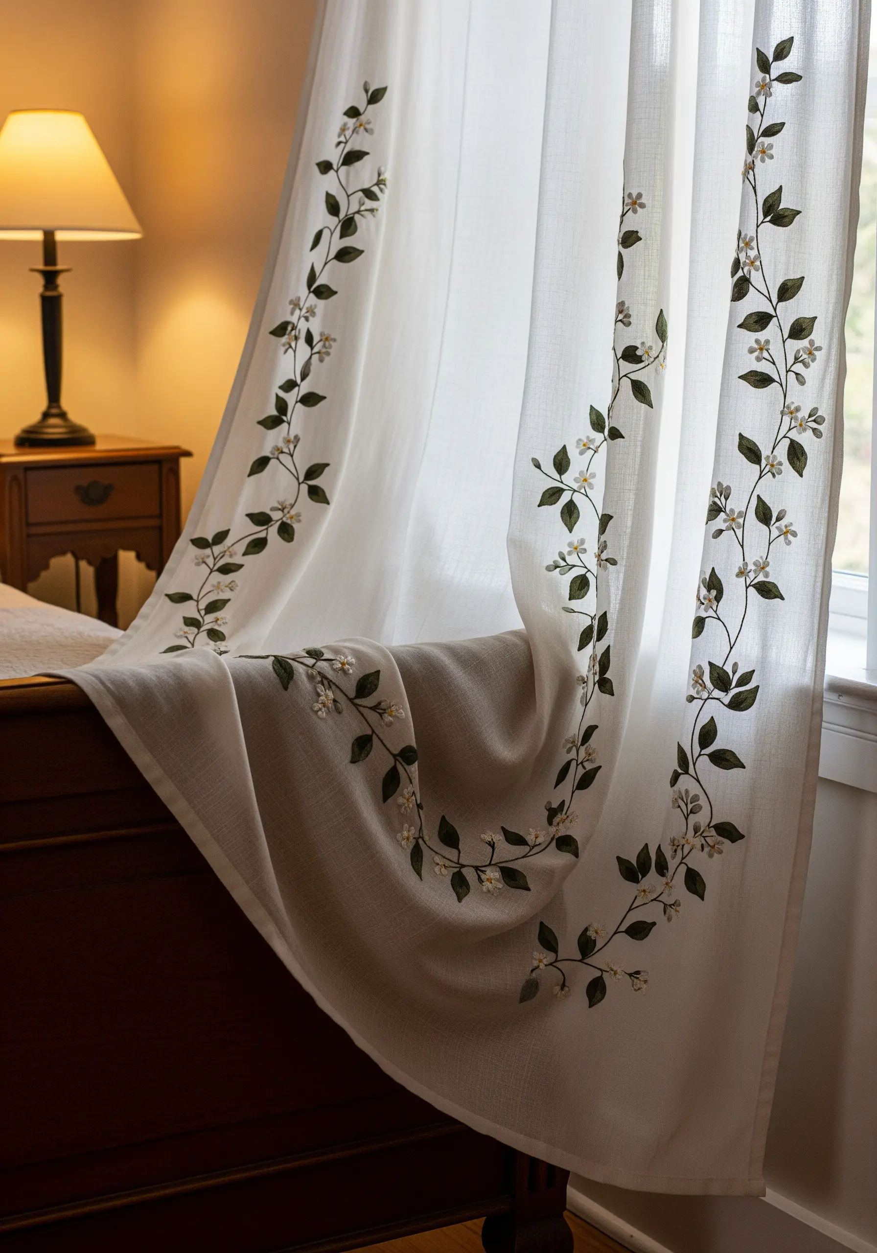 Delicate jasmine vines with white flowers embroidered along the edge of draped linen fabric.