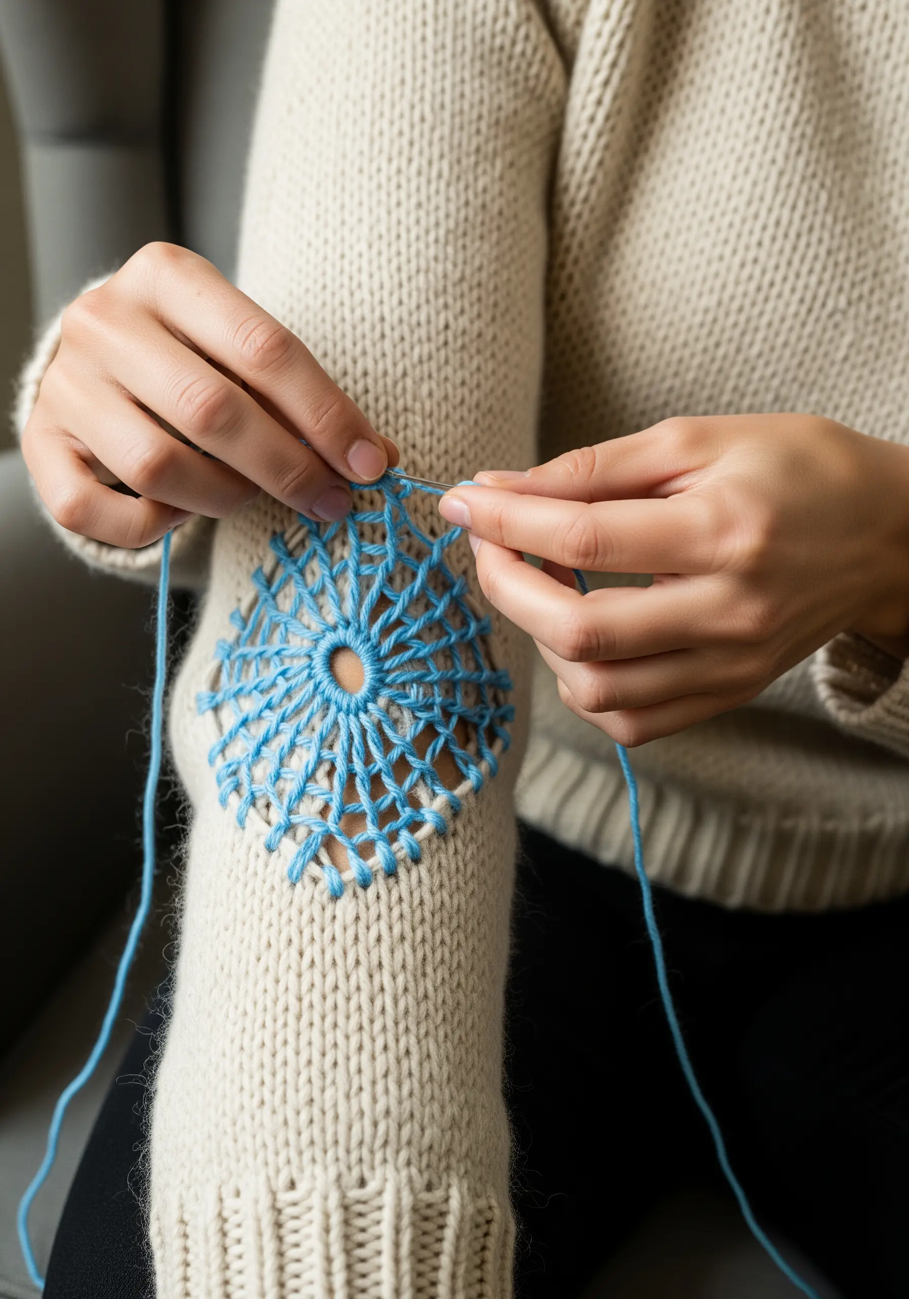 Mending a hole in a knit sweater sleeve with a decorative, circular blue darn